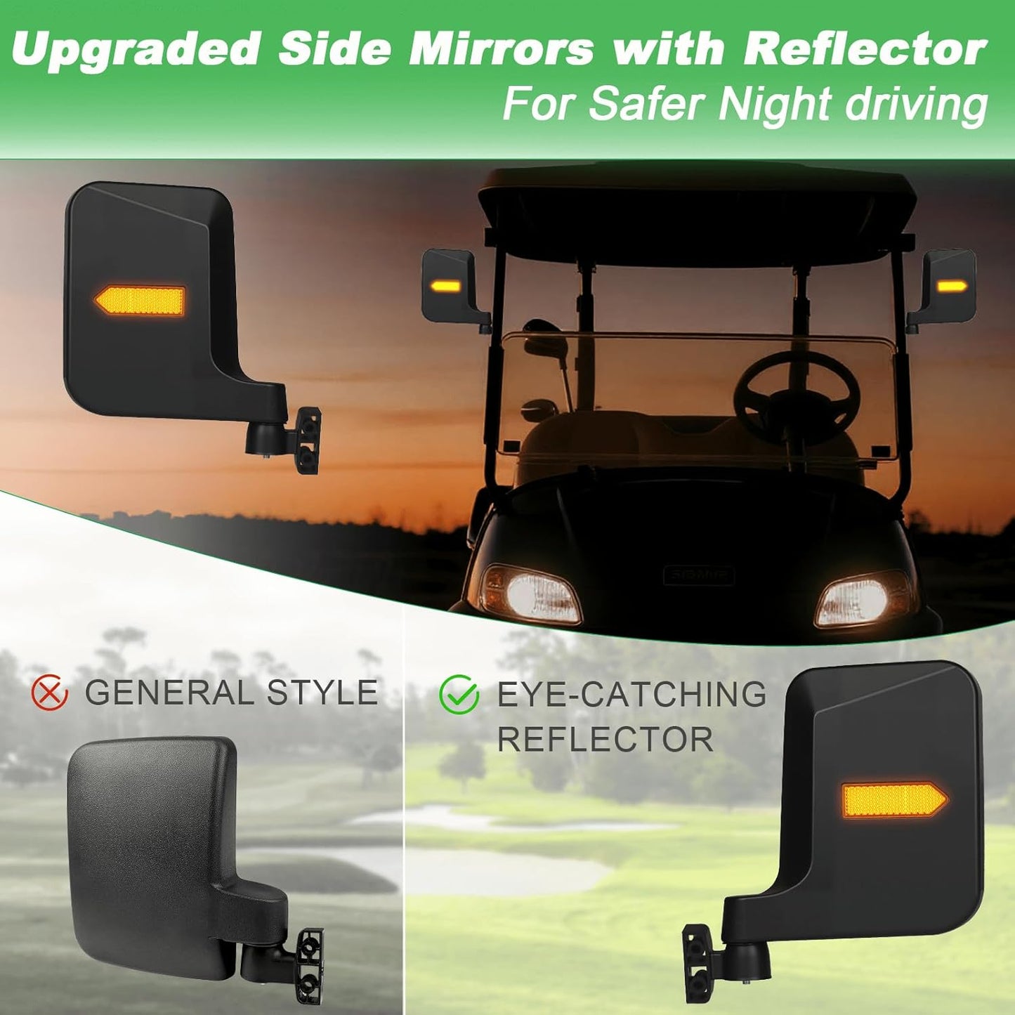 No Drilling Golf Cart Side Mirrors with Built-In Reflector, Universal HD Folding Side View Mirrors Fit EZGO, Club Car, Yamaha Golf Carts, for 0.75"/1"/1.25" Square Strut, Shatterproof Anti-Fog Glass