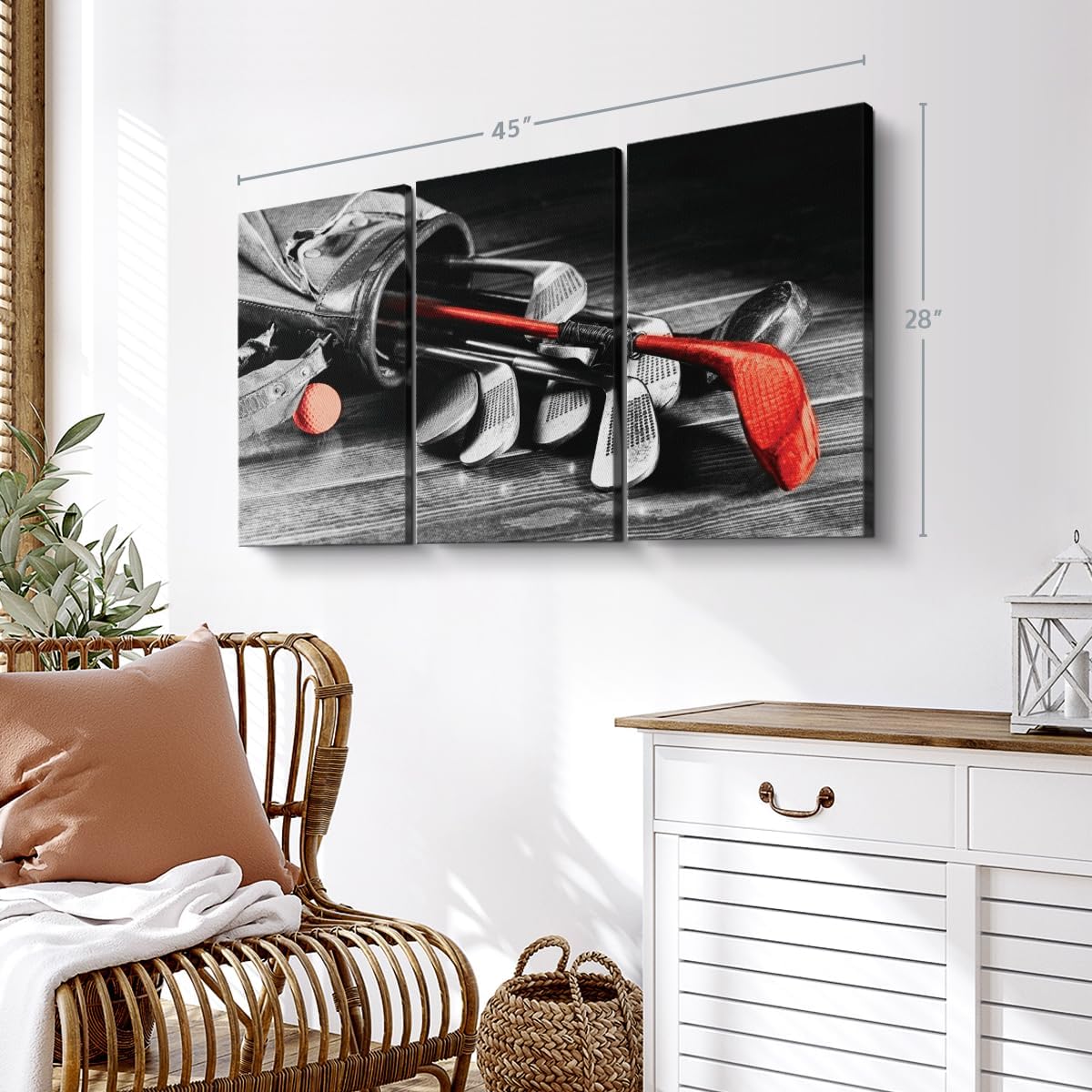 ElephantStock Golf Equipment Pop Wall Art - Horizontal Canvas - 3-Piece Living Room Wall Decor - Photography Sports Canvas Print - Black and Gray Decor for Wall - 45" X 28"