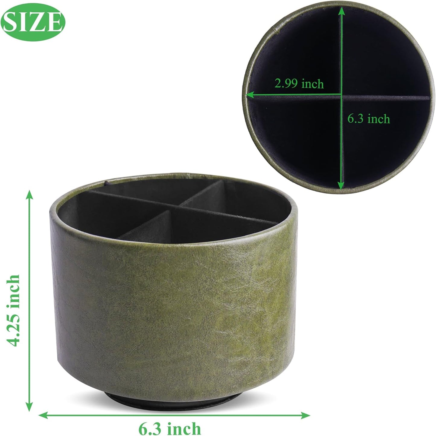 Hennaja Round Leather Art Supply Organizer,Remote Control Holder,360 Degree Spinning,Multi-Functional Pencil Holder,4 Compartments Desktop Stationary Organizer(1-Oil Green)