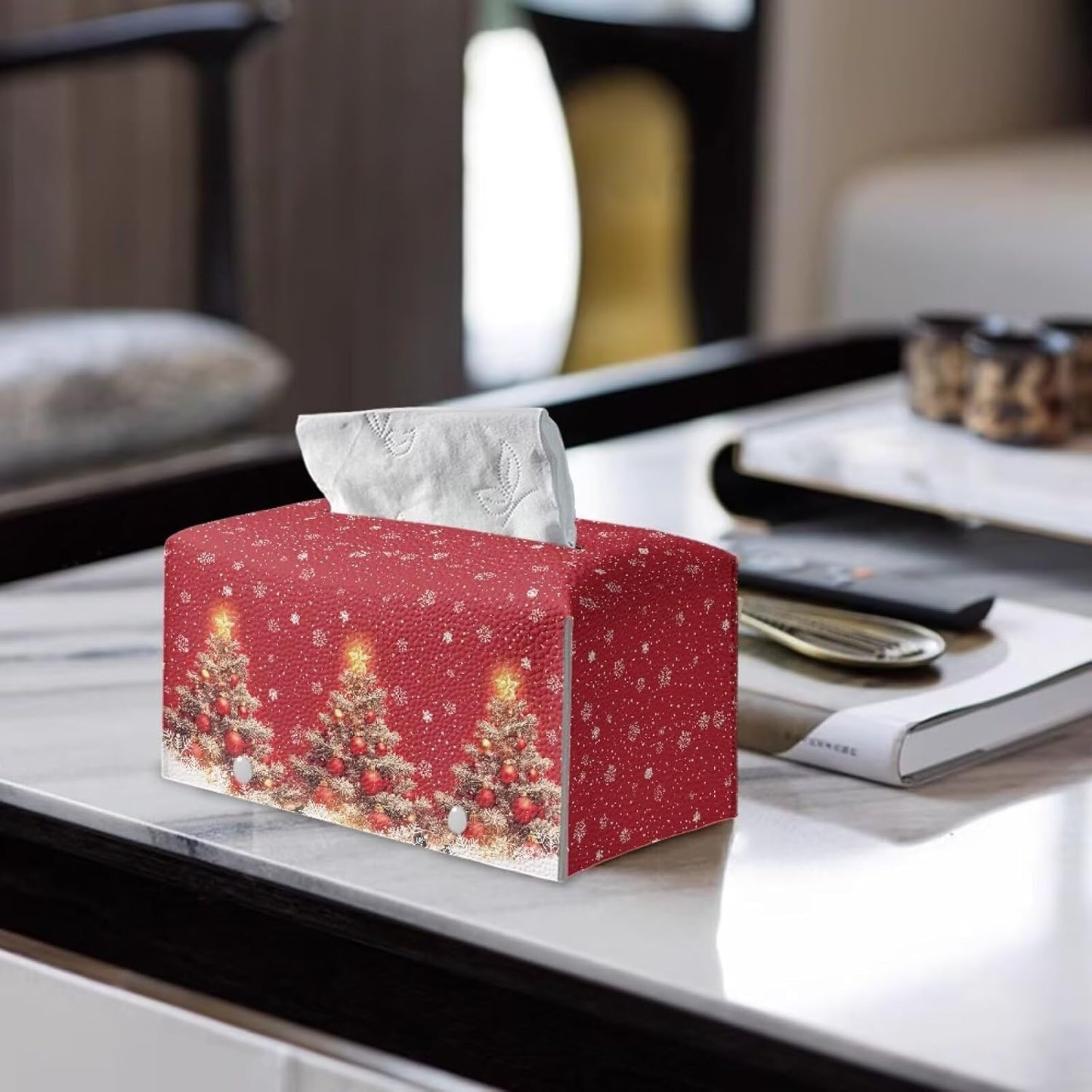 Christmas Tree Tissue Box Cover Rectangle Leather Tissue Box Holiday Home Decor Tissue Holder for Home Office Bathroom Desk Red