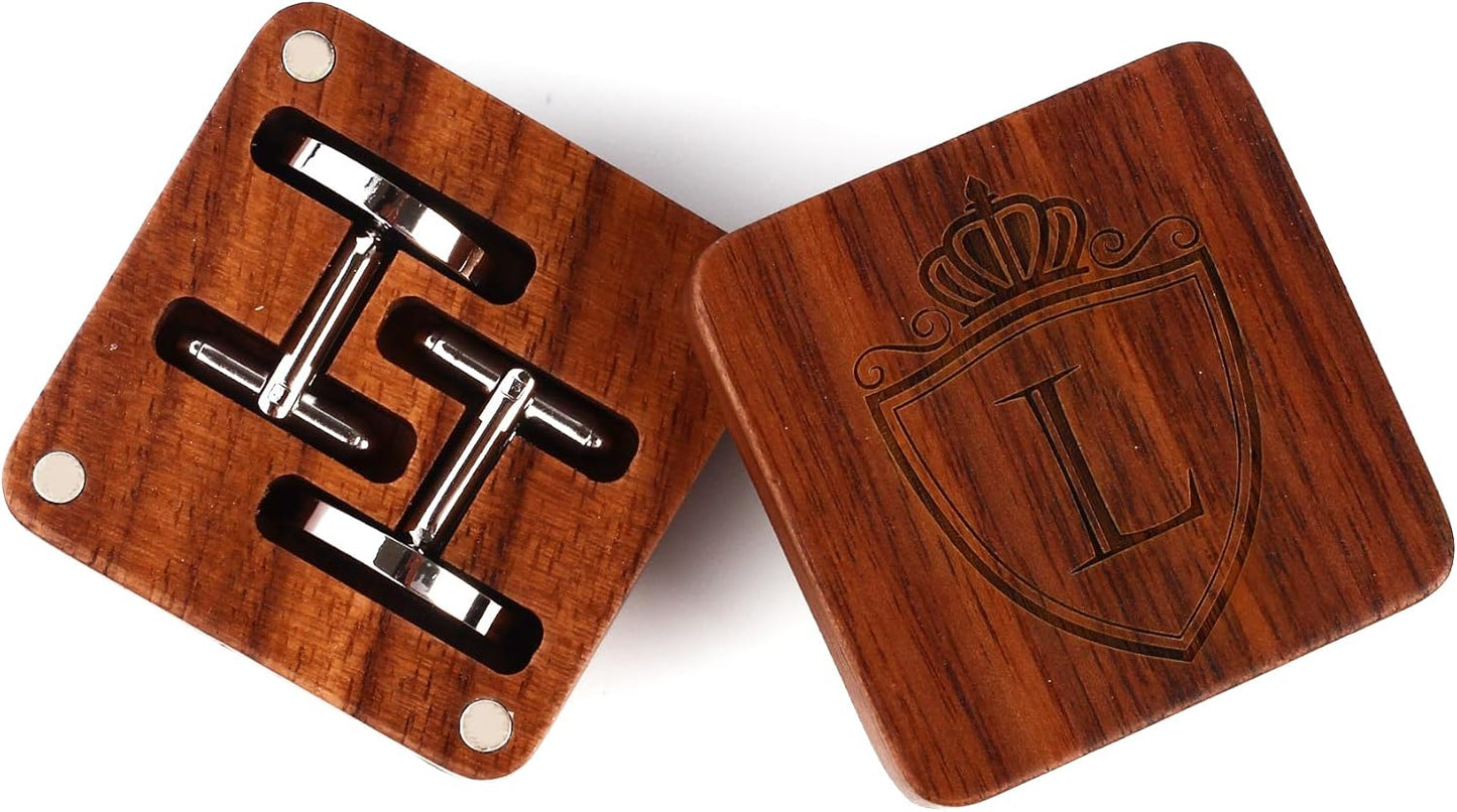 Mens Initial Silver Cufflinks A-Z Alphabet Letter Steel Cuff Links with Engraved Walnut Wood Box Groom Groomsman Wedding Set…
