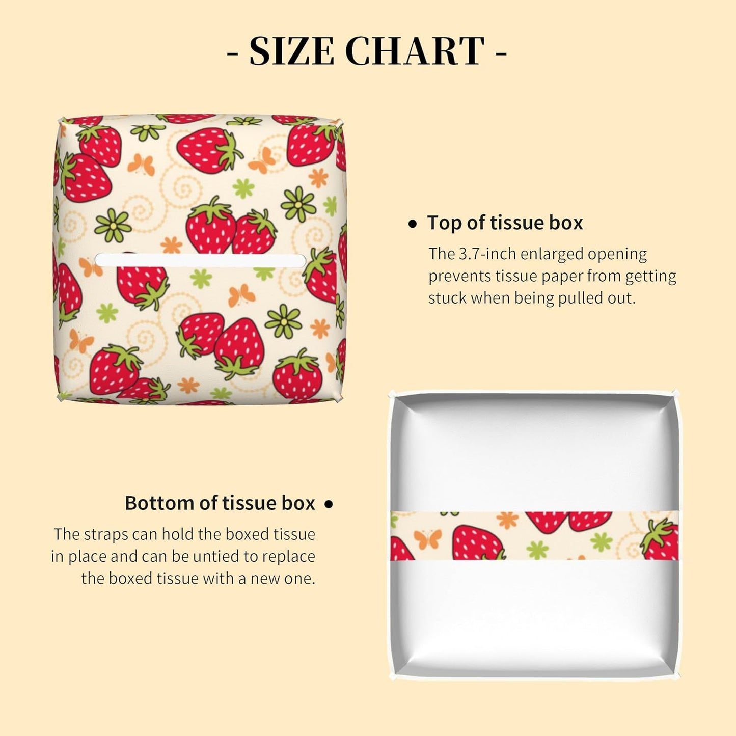 Tissue Box Cover Square,Strawberry and Floral Tissue Box Holder Waterproof Leather Facial Paper Case Modern Home Decoration for Bedroom Dresser Night Stand Office Desk