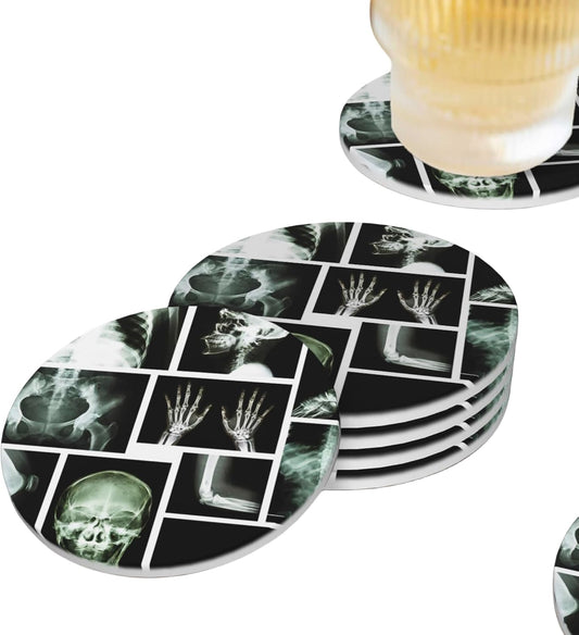 Skull X Ray Coasters for Drinks Set of 4, Absorbent Ceramic Drink Coasters for Coffee Table Wooden Table Cup Bar, 4 Inches