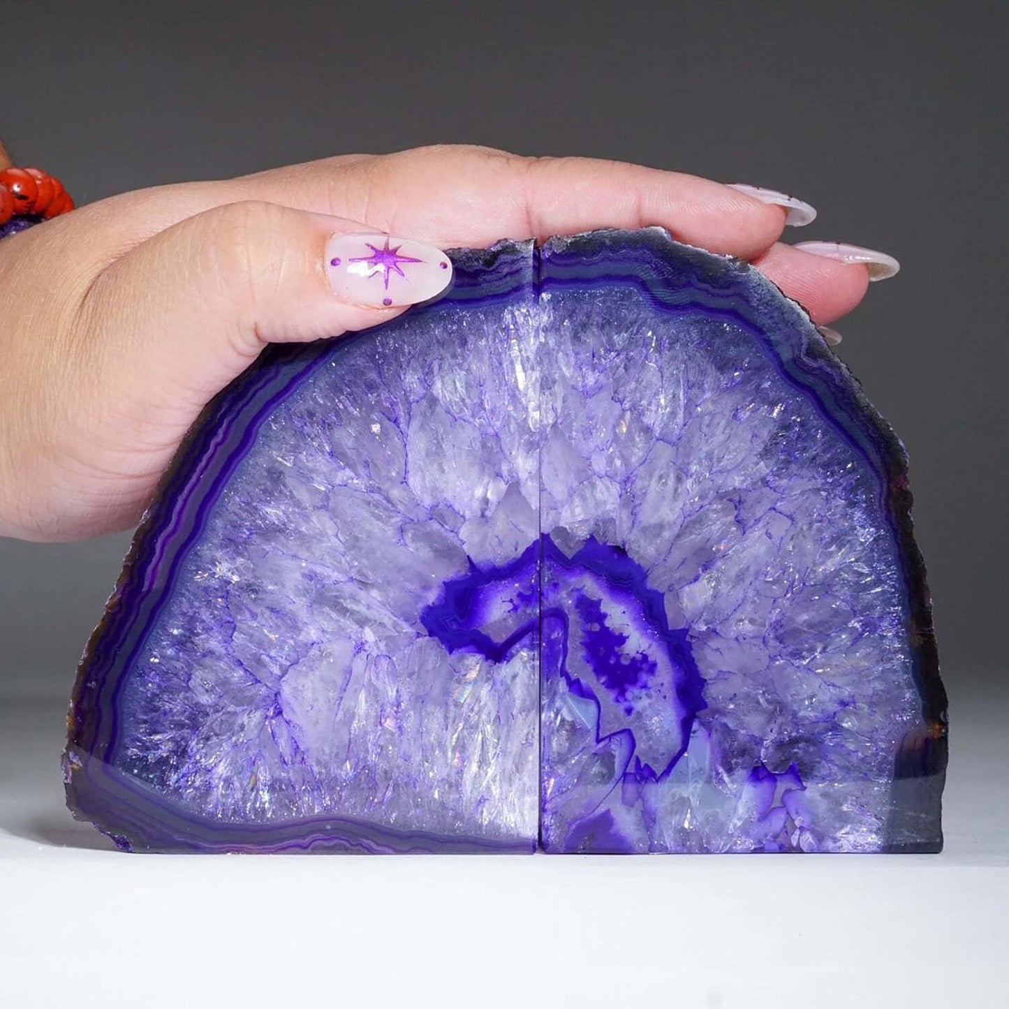 AMOYSTONE Purple Agate Bookends, Natural Crystal Gemstone Book Holders 3-4 LBS for Shelves, Stylish and Functional Bookends Gift for Women