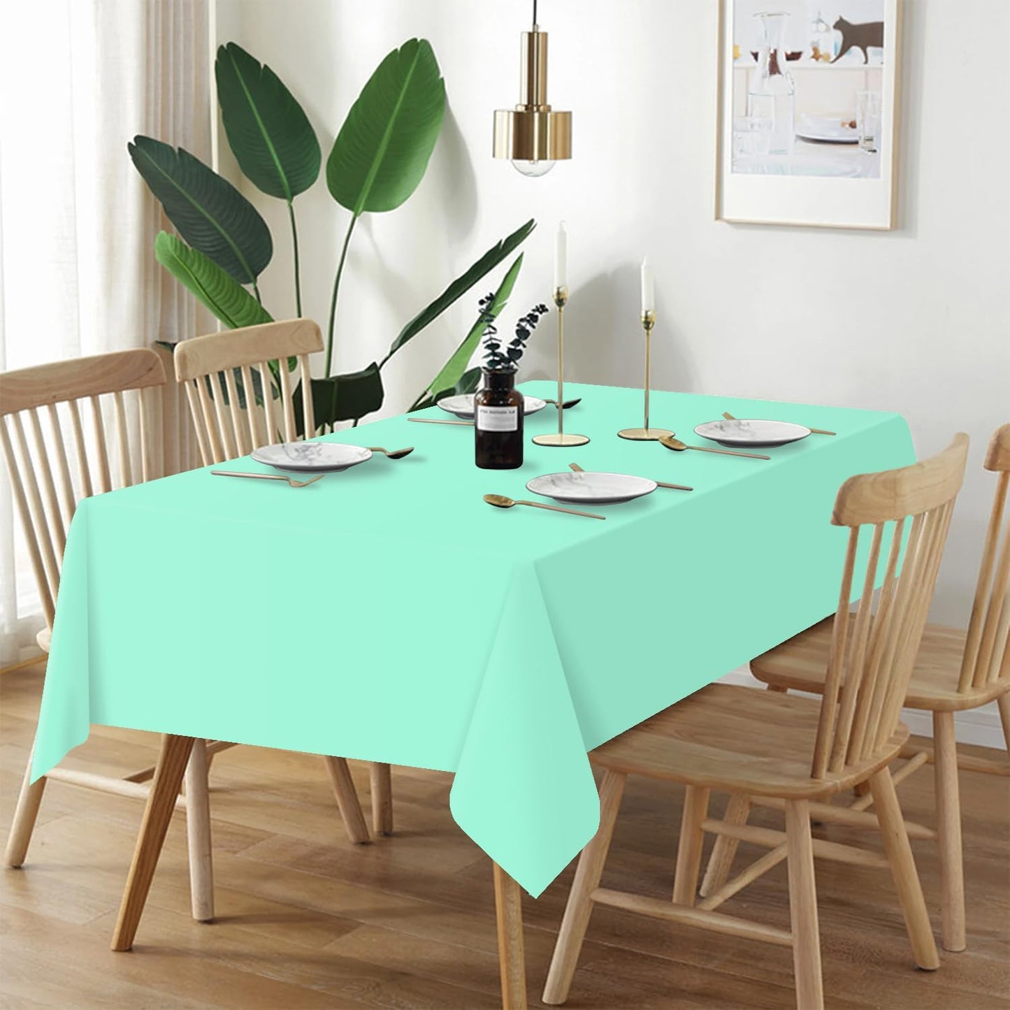 QIKSION Plastic Table Cloth Disposable 2 Pack, 54 x 108 Inch Tablecloths for Rectangle Tables, Fresh Mint Plastic Table Cover