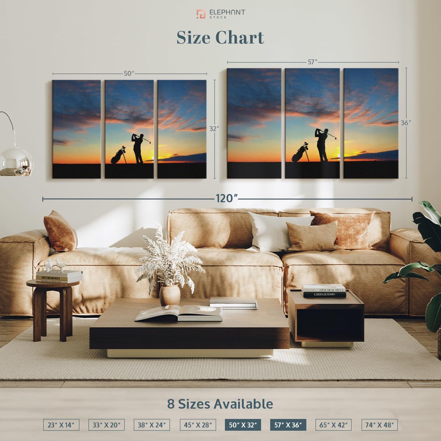 ElephantStock Golfing At Sunset Wall Art - Horizontal Canvas - 3-Piece Living Room Wall Decor - Golf Photography Canvas Print - Black and Orange Decor for Wall - 57" X 36"