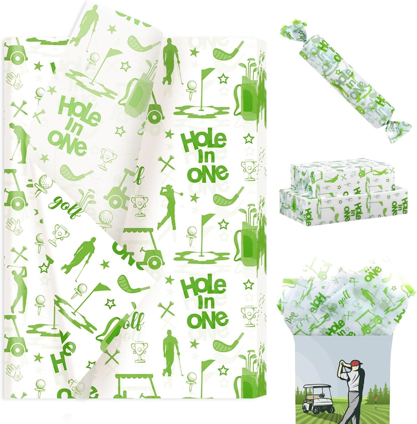 100 Sheets Golf Tissue Papers, Hole in One Gift Wrapping Tissue Papers for Gift Bag & Packaging, Green Golf Sports Theme Art Paper with Golf Club Ball Cart for Birthday Sports Party Decor, 20 x 14IN
