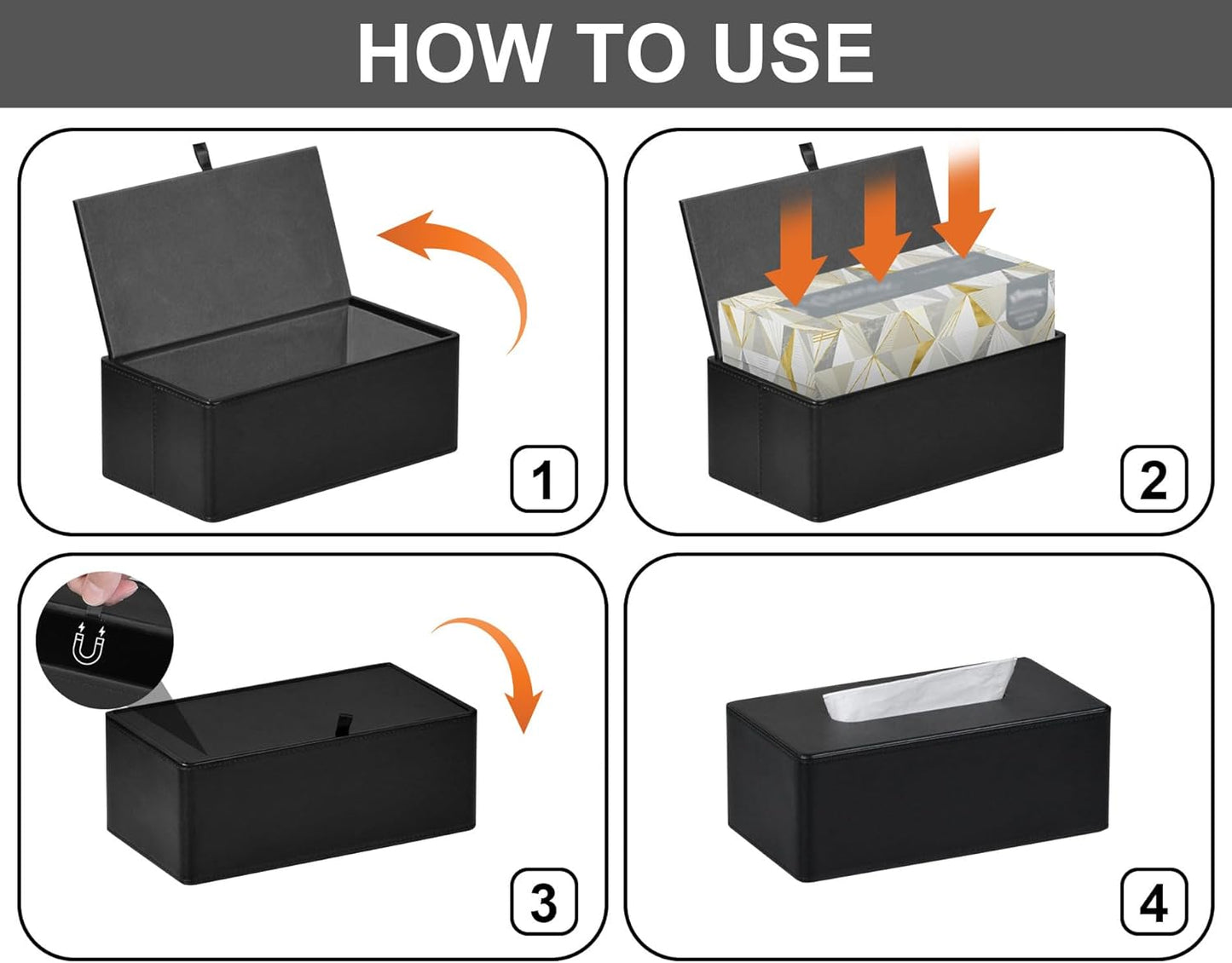 Tissue Box Cover Rectangular 9.8"(L) x 5.3"(W) x 4.3"(H) Refined Modern PU Leather Facial Tissue Dispenser Box Holder for Dresser Bathroom Decorative (Black)