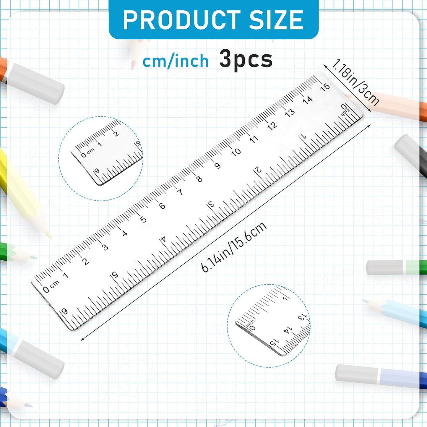 3 Pack 6 Inch Ruler Set Plastic Straight Ruler Transparent Measuring Tool Acrylic Clear Ruler for School Office Student