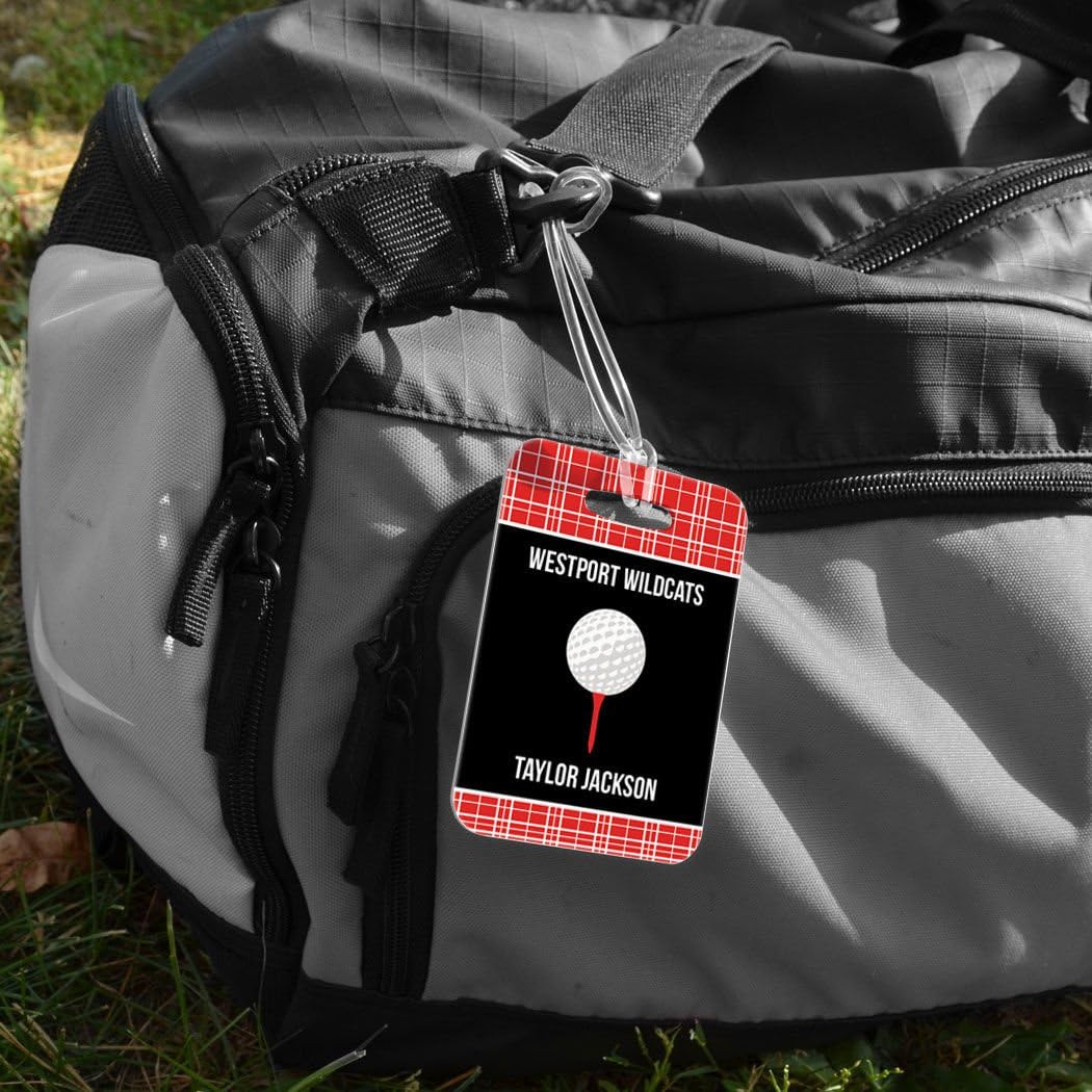ChalkTalkSPORTS Golf Luggage & Bag Tag | Personalized Team with Golf Ball | Standard Lines on Back | Medium | RED/Black