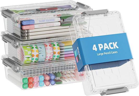 4 Pack Extra Large Pencil Box, Plastic Pencil Case Organizer, Clear Crayon Box Marker Organizer, Stackable Craft Organizers and Storage for Pen, Craft, Art Supply(Grey)