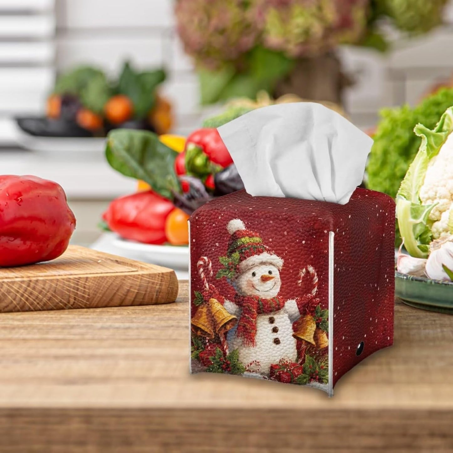SnowmanTissue Box Cover Square Christmas Tissue Holder Red Facial Paper Box Holder Modern Holiday Home Bathroom Decor Leather Material & Waterproof