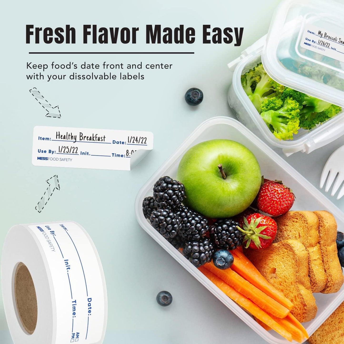 MESS Dissolvable Food Labels, 1x3, 200/Roll - Dissolves in 30 Seconds or Less - Removable Pantry, Meal Prep & Food Storage Labels – Canning & Freezer Use