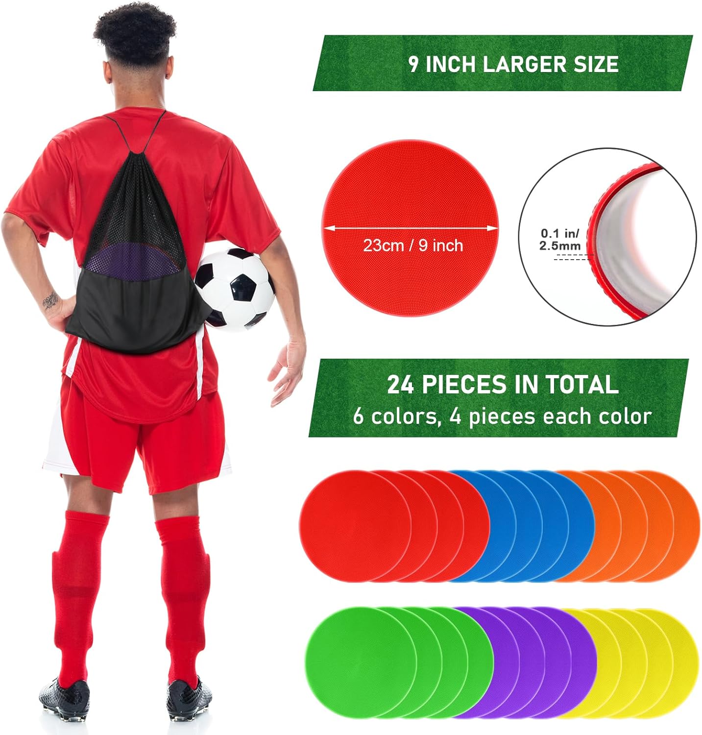 Poly Spot Markers for Gym Floor 4.72/6/9 Inch 24 Pcs Poly Spots, Non-Slip Rubber Floor Dots Agility Markers Flat Cones for Sports Soccer PE Training, Dance, Classroom Activities