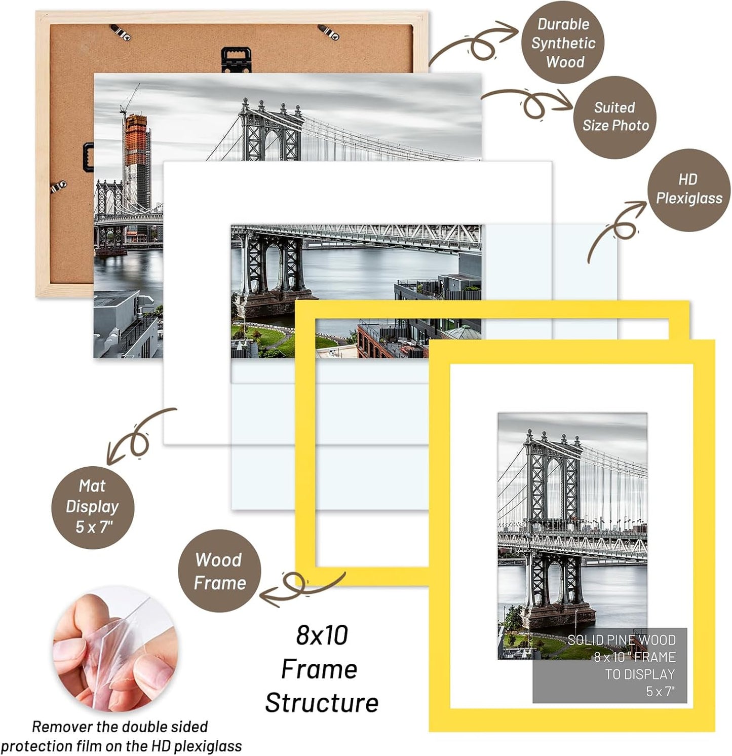 8x10 Picture Frames Solid Wood Display Pictures 5x7 with Mat or 8x10 Frame without Mat Poster Photo Frame Art with 1 Mats for Wall Mounting or Table Top(Yellow)