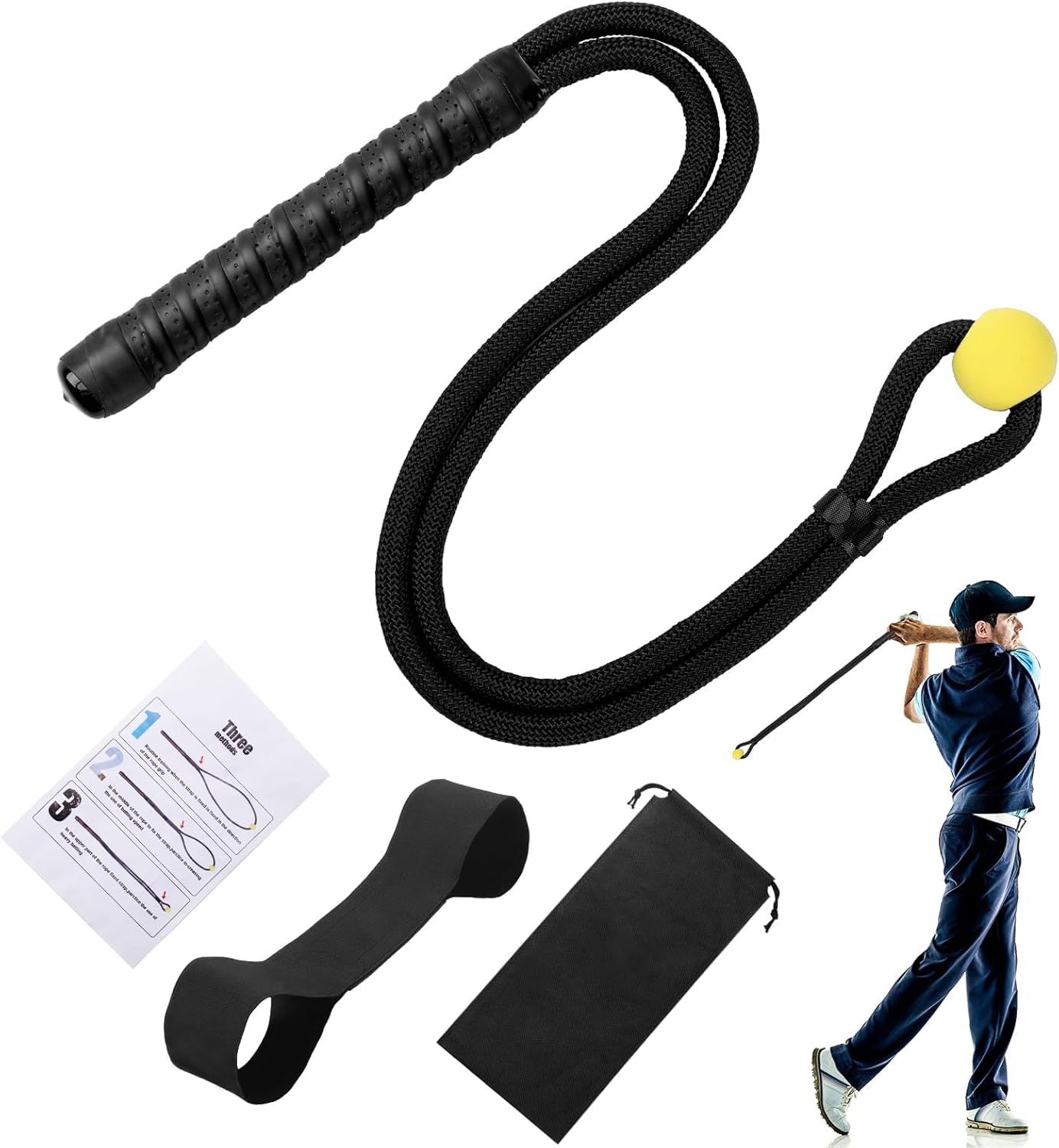 Golf Rope Swing Training Kit - Golf swing training aid, improves golfer's swing and main rhythm, golf gift for men's golfers, includes swing correction armband and rope trainer with weighted balls.