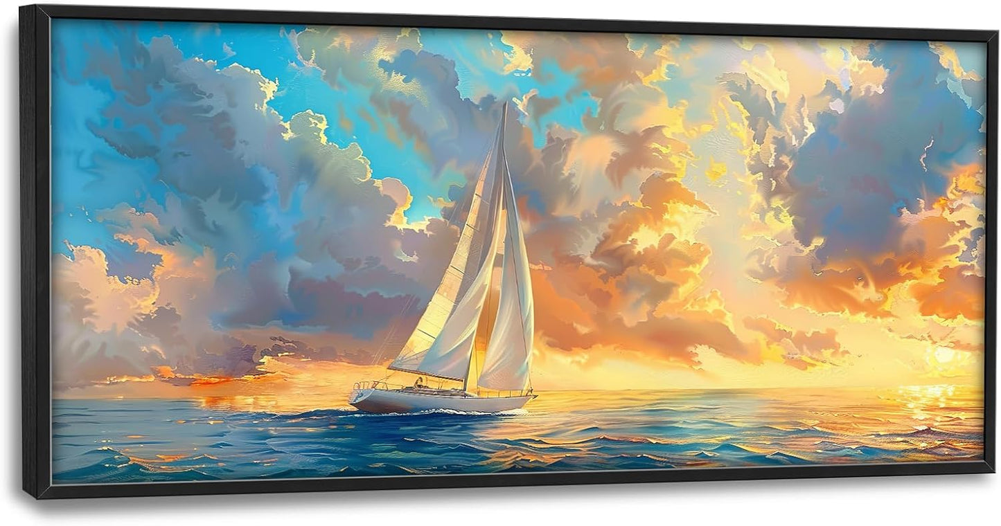 Large Ocean Sailboat Framed Wall Art for Living Room Blue Coastal Pictures Wall Decor Ocean Canvas Print Painting Artwork Modern Home Decorations for Living Room Bedroom Office 60x30 inch