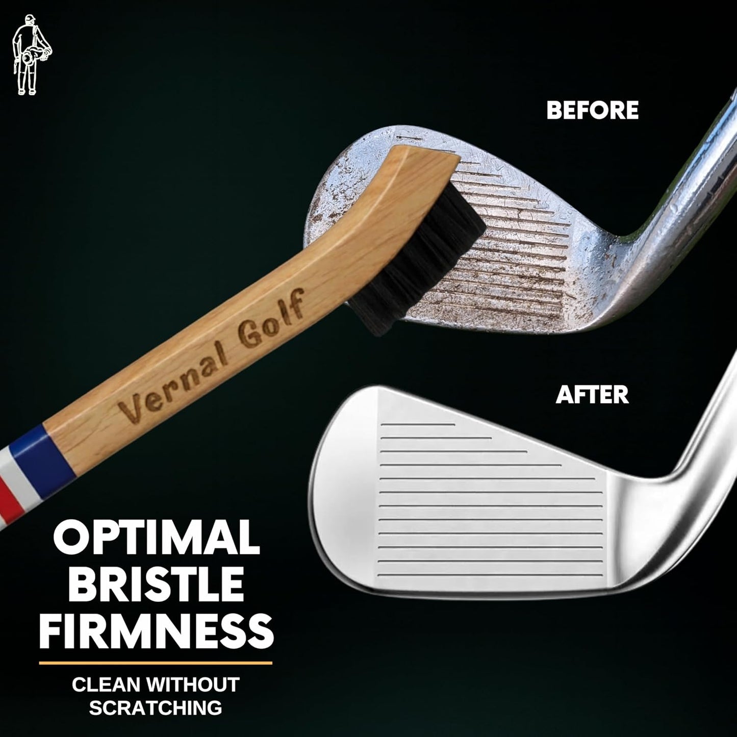 Golf Brush Made from Hickory Wood, Golf Club Groove Cleaner with Secure Clip Attachment for Bags and Carts - Golf Gifts for Men