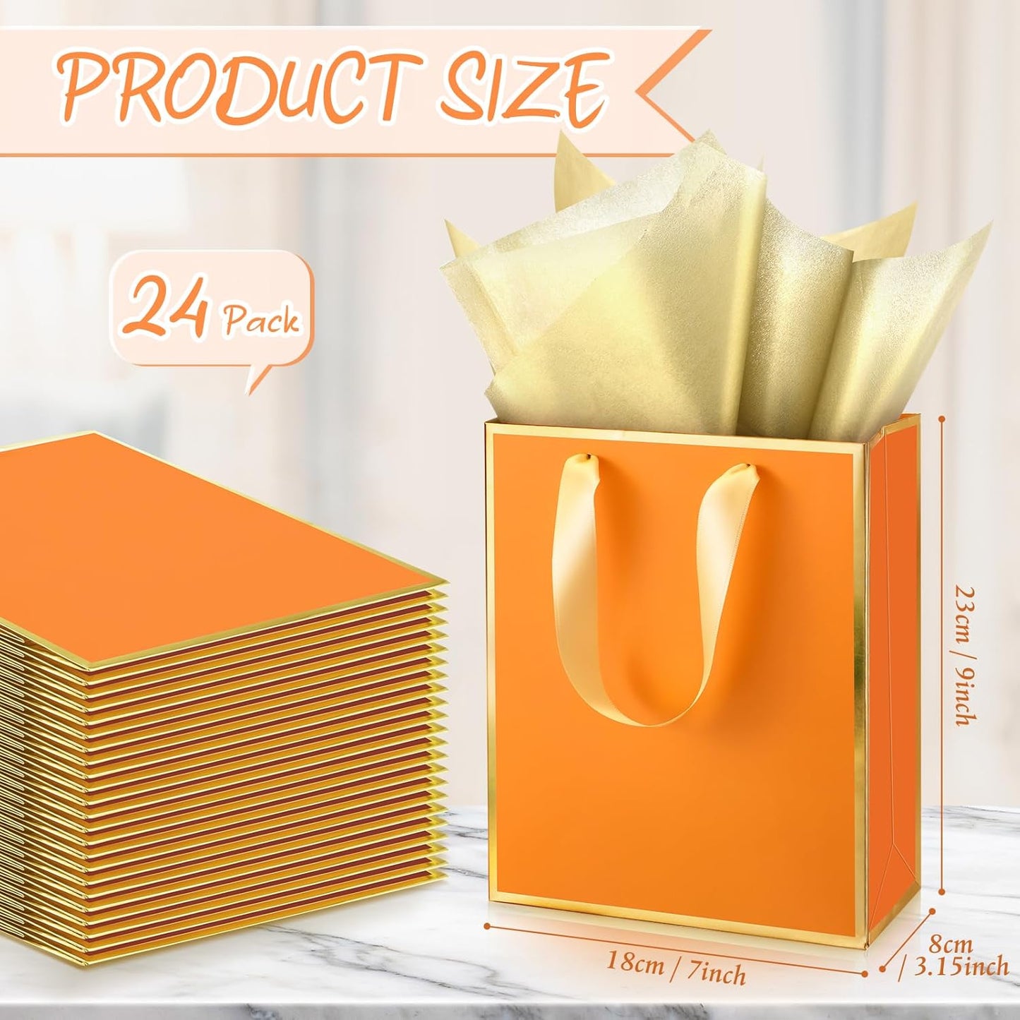 Yeaqee 24 Pack Metallic Paper Gift Bags with Handle and Tissue 9x7x3.1 Gold Foil Welcome Favor Bags Return Gifts for Wedding Fall 5 Senses Christmas Bridesmaid Birthday(Orange, Gold)