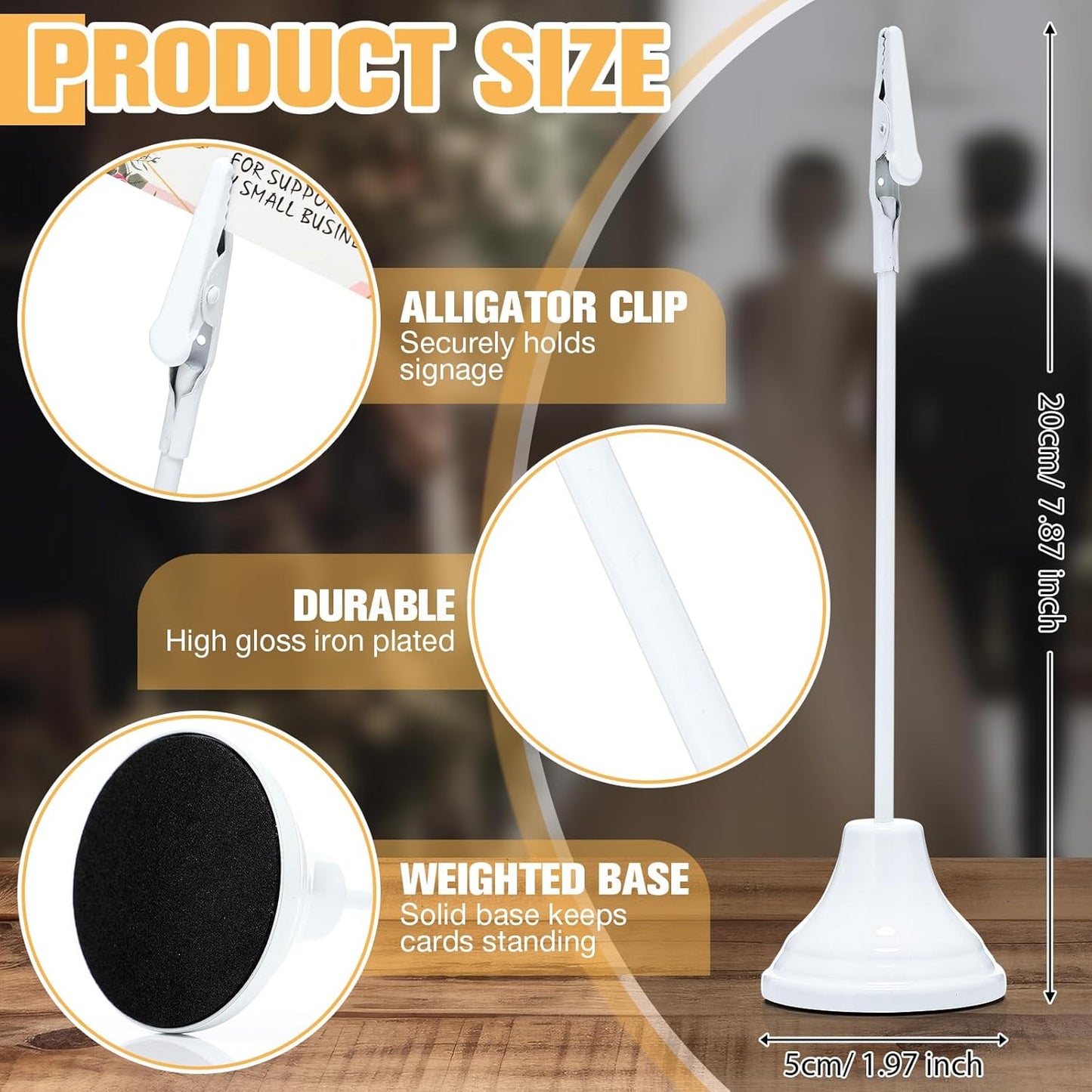 Skyygemm 12 Pcs Table Number Holders 8 Inch Place Card Holder with Alligator Clip Metal Place Card Stands Table Sign for Photos, Food Signs, Birthdays, Weddings (White)