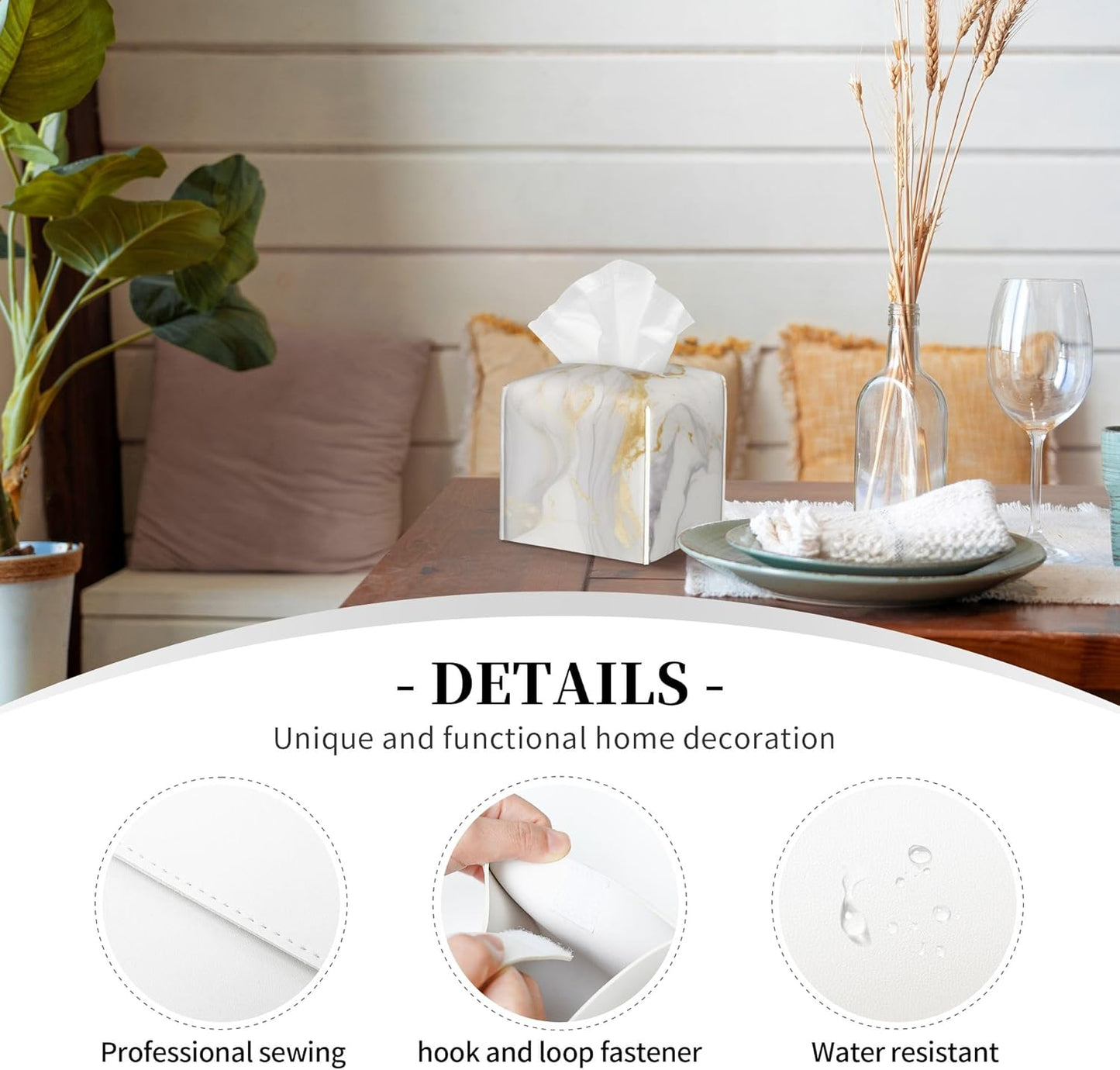 Tissue Box Cover,Grey Golden Marble Pu Leather Square Tissue Box Cover Case Organizer Cube Holder for Bathroom Vanity Countertop Night Stands Office Desk & Car 5.2X5.2X5.2''