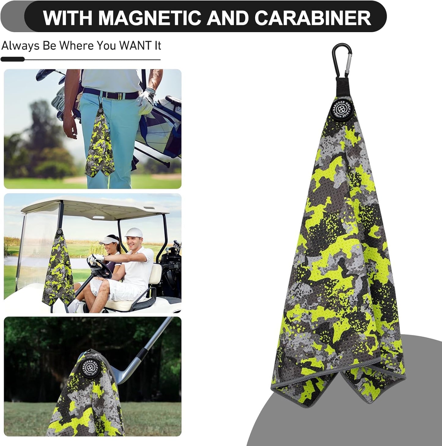 Magnetic Golf Towel for Men Women Golfer - Microfiber Golf Towel Magnet with Waffle Texture - Strengthen Magnet Golf Towels for Strong Hold to Metal Objects (Green Camo)