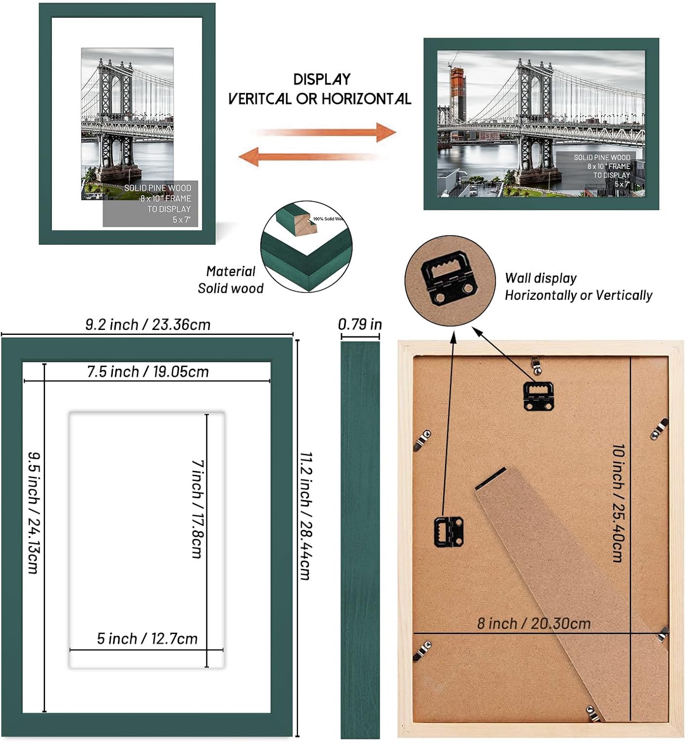 8x10 Solid Wood Picture Frames - 5x7 with Mat or 8x10 without Mat - Poster Photo Frame Art - Wall Mounting or Table Top (Dark Green)