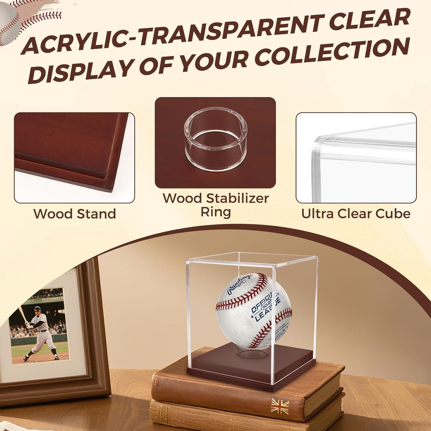 Baseball Display Case, UV Protected Clear Acrylic Cube Golf Ball Display Holder, Autograph Stand and Memorabilia Showcase Box for One Ball, Brown Wooden Base