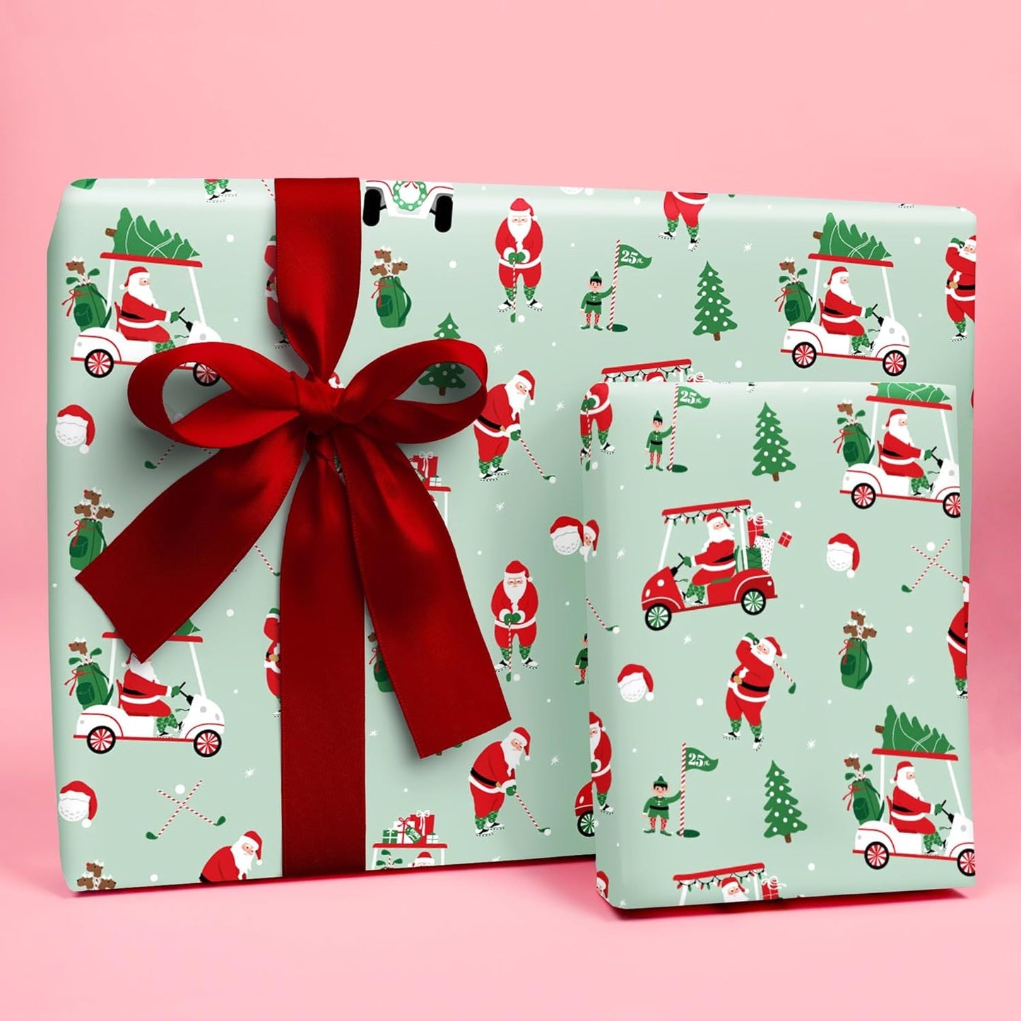 Big Dot of Happiness Golfing Santa Wrapping Paper, Golf Christmas Holiday Gift Wrap Roll, Funny Santa Christmas Gift Paper, 24 in x 7 feet, 1 Roll