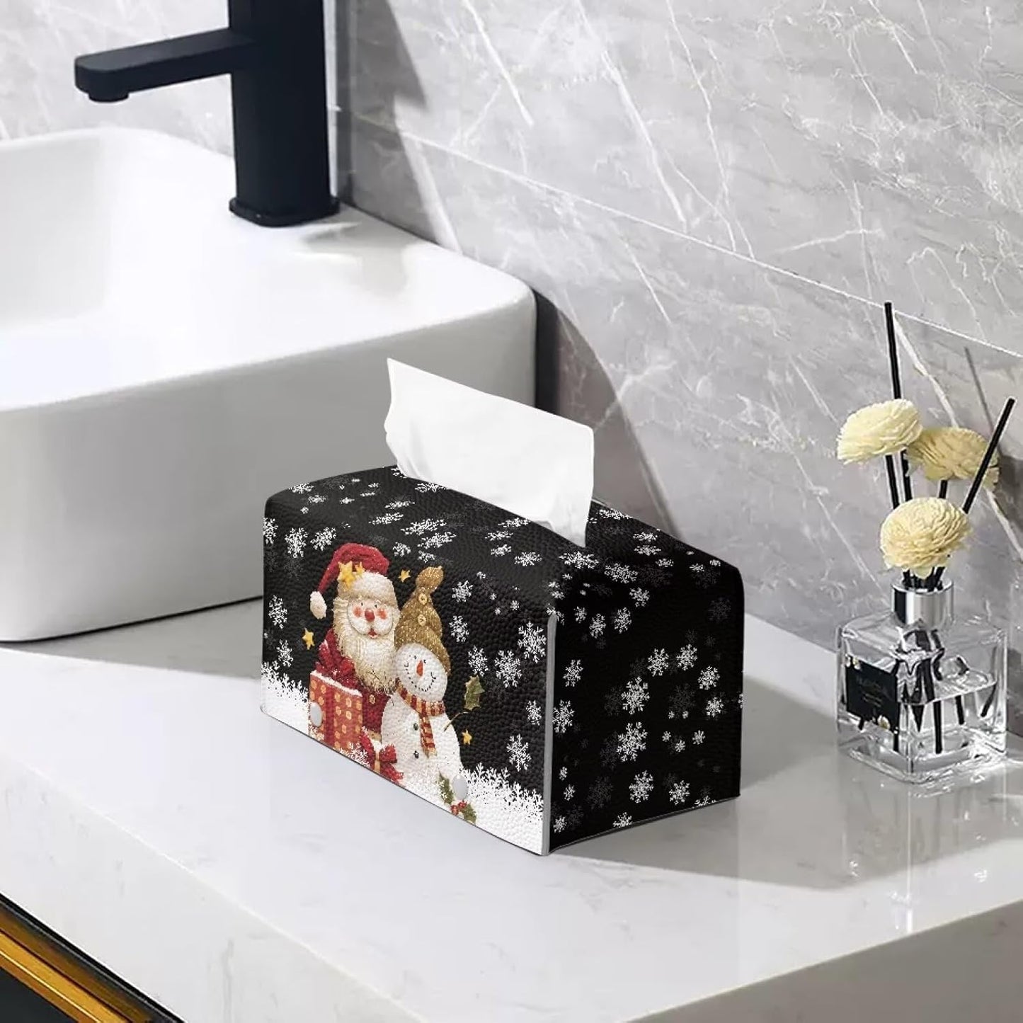 Snowman Tissue Box Cover Christmas Santa Tissue Cover Rectangular Facial Paper Organizer Christmas Home Decoration for Living Room Bathroom Car Tabletop