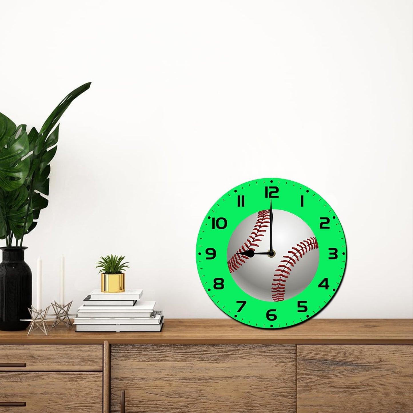 Soliyoahee Baseball Clock Round Wooden Wall Clock Home Decor Silent No Tick Battery Powered for Living Room Bedroom Kitchen Bathroom 10inch