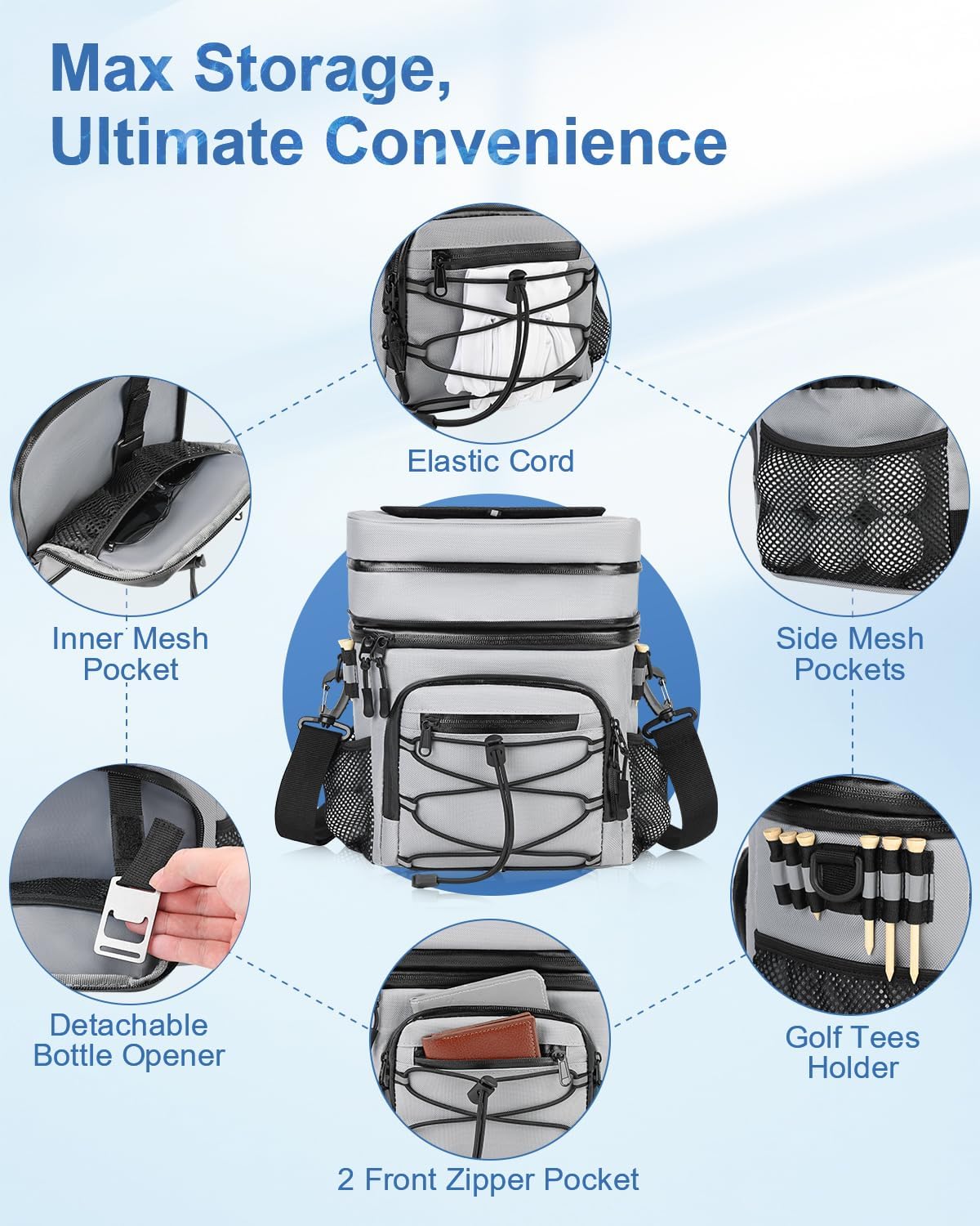 14-Can Golf Cart Expandable Cooler Bag, Soft Insulated Cooler Bag with Hook-and-Loop Lid & Golf Tees Holder for Camping & Outdoor Activities, Fits on Golf Cart Push Cart