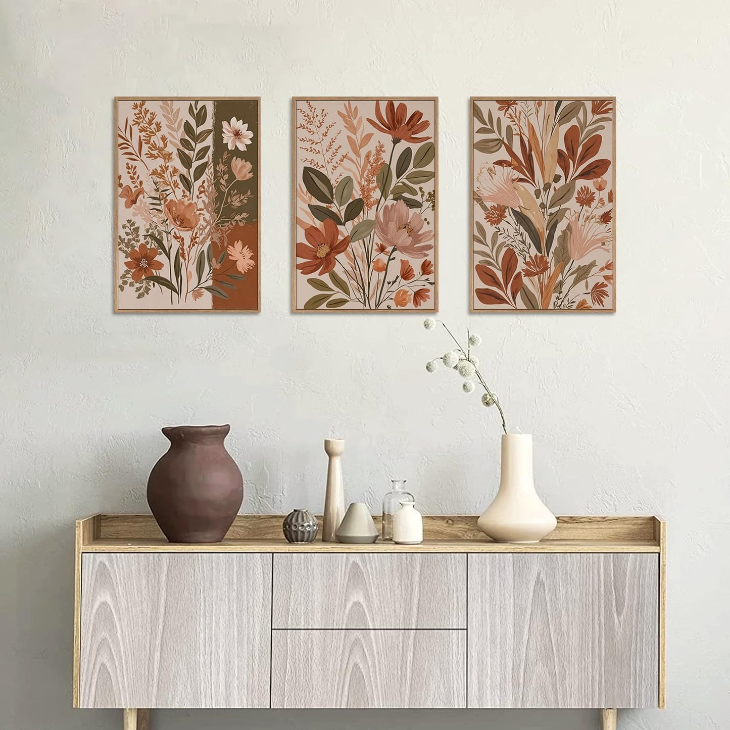 MTFBWY Framed Boho Botanical Wall Art Set of 3 – Earth Tone Floral Canvas Prints, Neutral Beige Abstract Flower Pictures for Home Living Room Bedroom Wall Decor, 16L x 12W