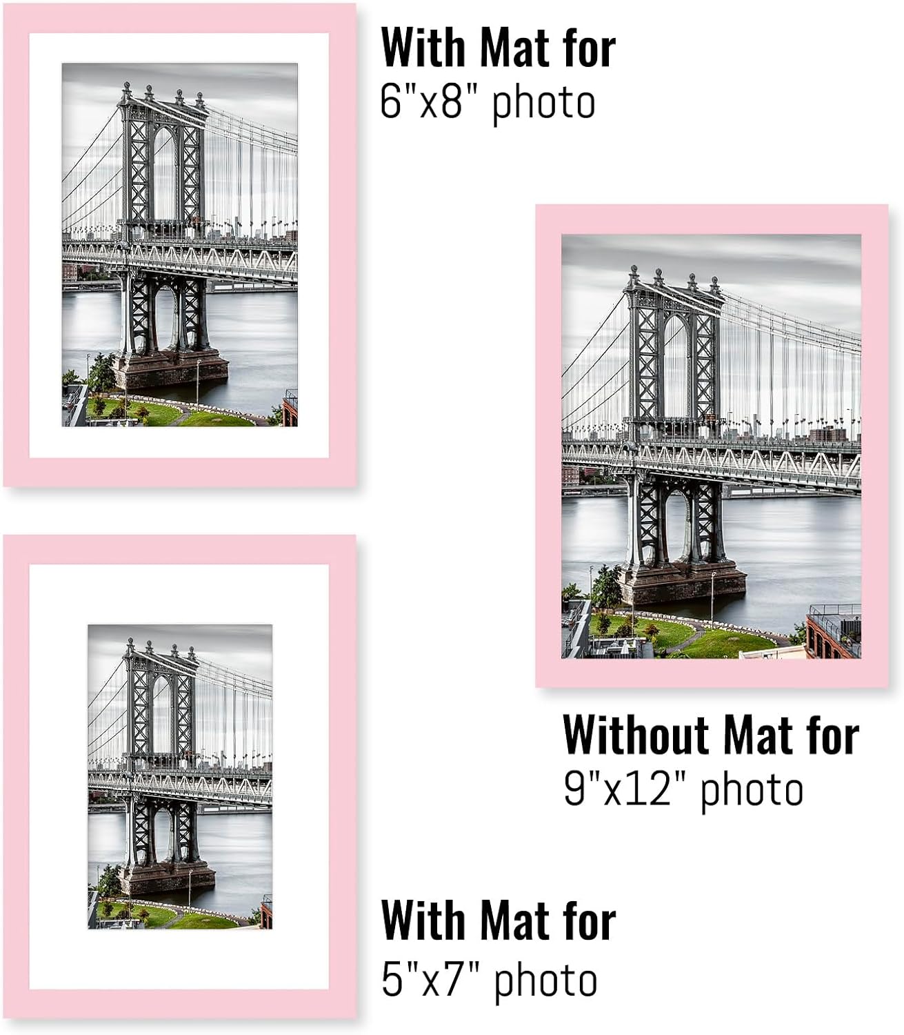 9x12 Picture Frames Solid Wood Display Pictures 6x8 or 5x7, 9x12 Frame Poster Photo Frame Art with 2 Mats for Wall Mounting or Table Top (Pink)