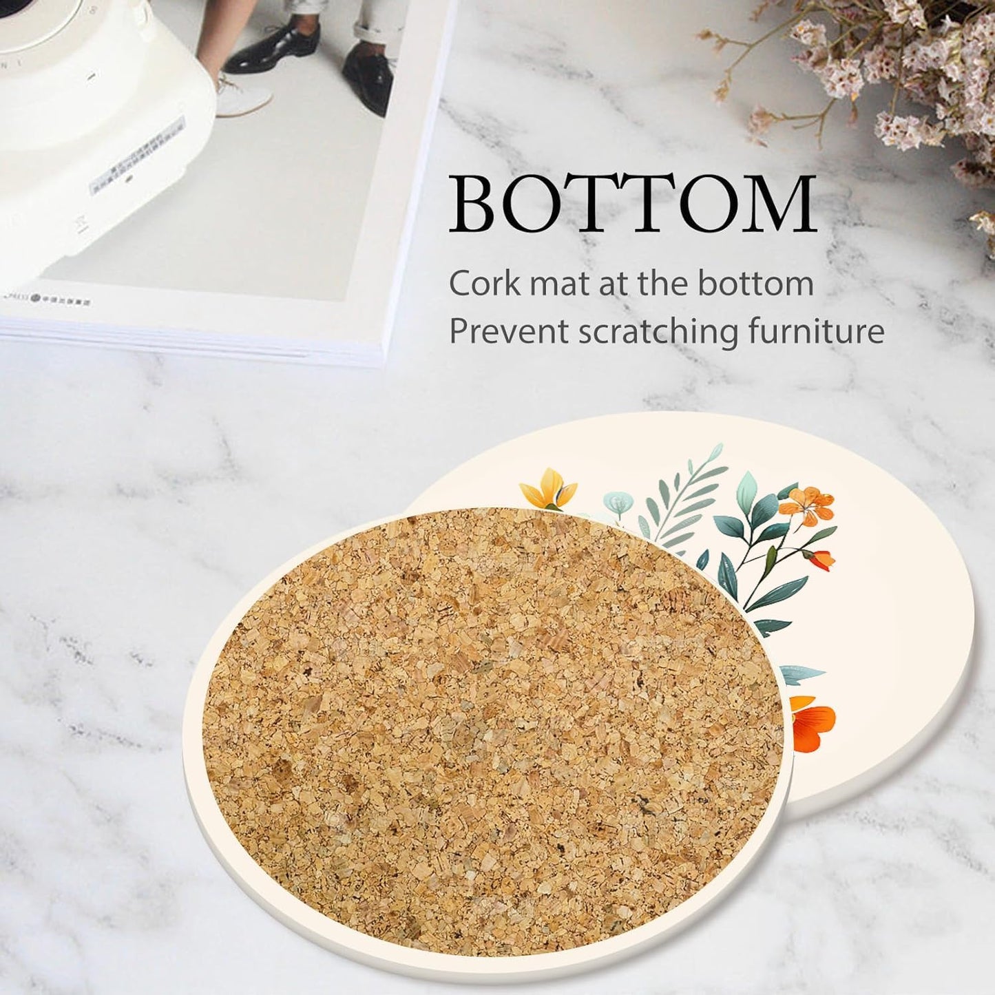 Boho Set of 6 Coasters for Drinks Absorbing Round Ceramic Stone Coaster with Cork Base,Tabletop Protection Mat for Mugs and Cups,Office,Kitchen (Yellow Flower)