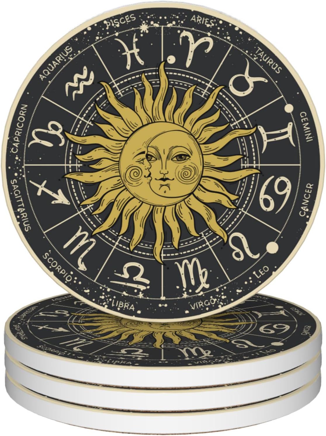 Drinks Coasters Set of 4, Moon Sun Zodic Sign Round 4" Cup Coasters, Absorbent Ceramic Stone Coasters with Cork Base, Cute Coasters for Table Home Décor, Ideal Gifts for Women Men