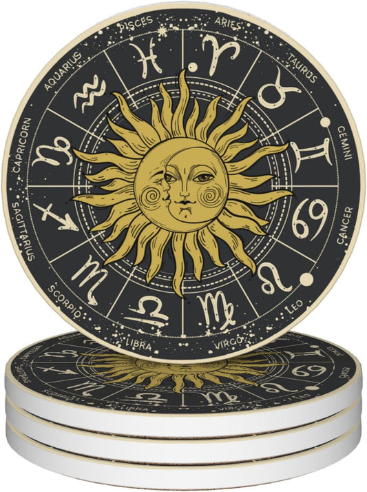 Drinks Coasters Set of 4, Moon Sun Zodic Sign Round 4" Cup Coasters, Absorbent Ceramic Stone Coasters with Cork Base, Cute Coasters for Table Home Décor, Ideal Gifts for Women Men
