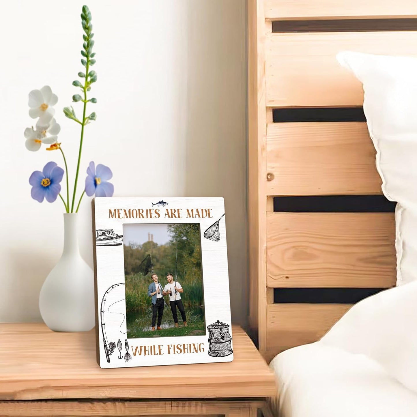 Fishing Picture Frame 5x7, Holiday Decor Photo Frame, FishingGifts for Fisherman Friends Men Dad Grandpa, Memories are Made While Fishing Wooden Picture Photo Frames for Desk Home Room Decor