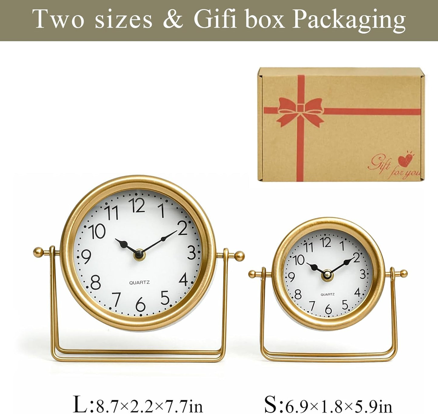 Small Gold Desk and Shelf Clock, 6.9*5.9 Inch Retro Elegant Tabletop Clock with Glass Cover, Silent Non-Ticking Battery Operated Decorative Clock for Living Room, Office, Bedroom, Gift Idea