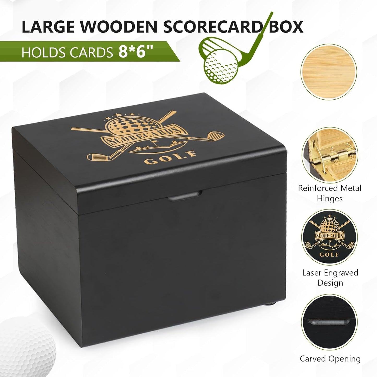 Golf Storage Box Golf Gifts - Golf Scorecard Collection Box with 5 Wooden Dividers - Golf Organizer for Scorecards, Photos, Keepsakes; Fathers Day Dad Gifts for Men from Wife (Black)