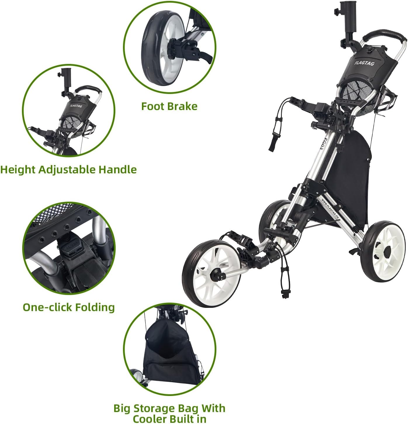 Golf Push Cart 3 Wheel,Foldable Golf Push Cart,Golf Bag Cart with Foot Brake,Umbrella Holder, Cup Holder, Storage Compartment