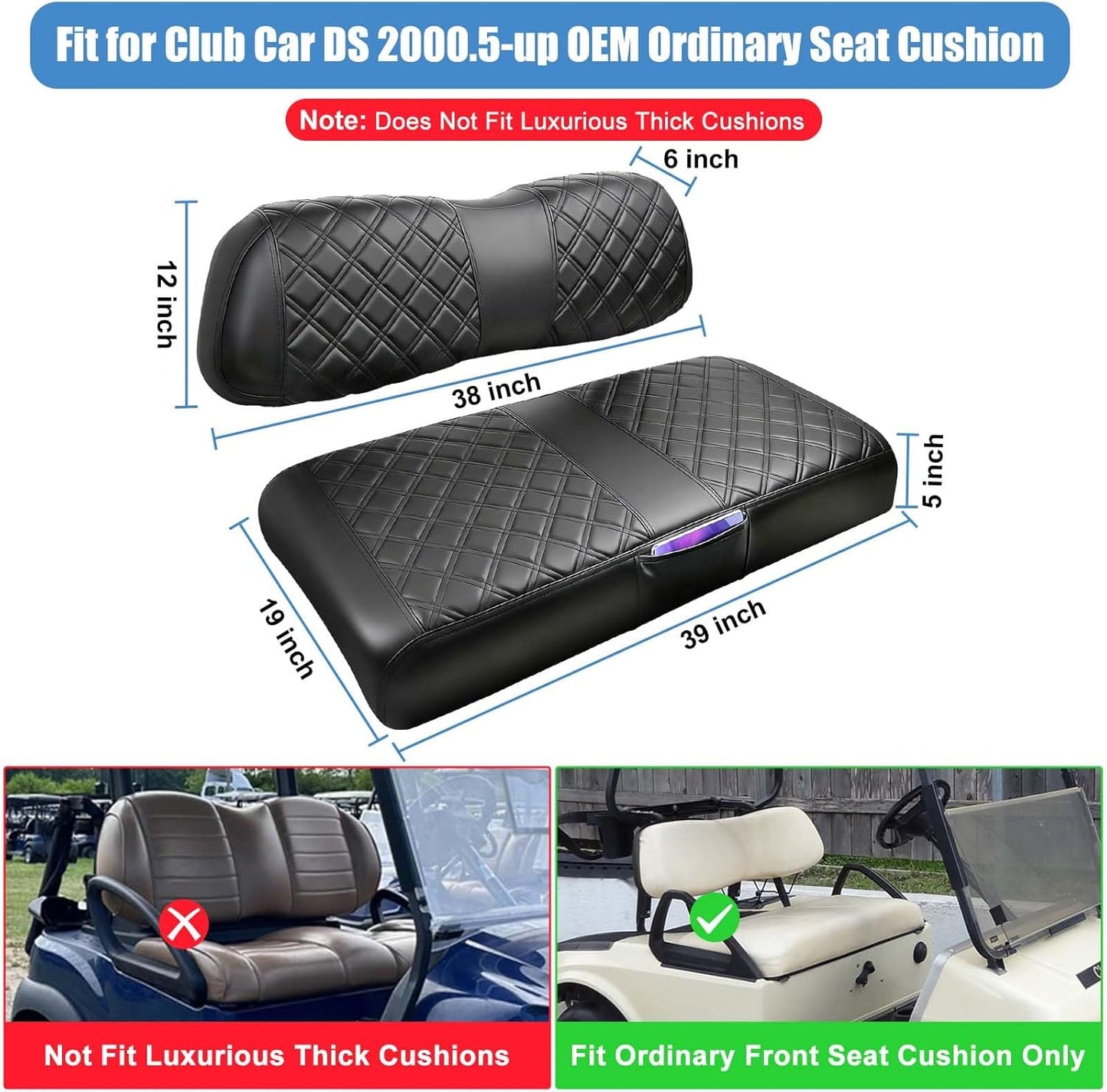 Club Car DS 2000.5-Up Seat Covers, Golf Cart Seat Covers for Club Car DS OEM Ordinary Seat, Front Seat Cover with Concave and Convex Design, Thick Vinyl Leather Comfortable/Breathable