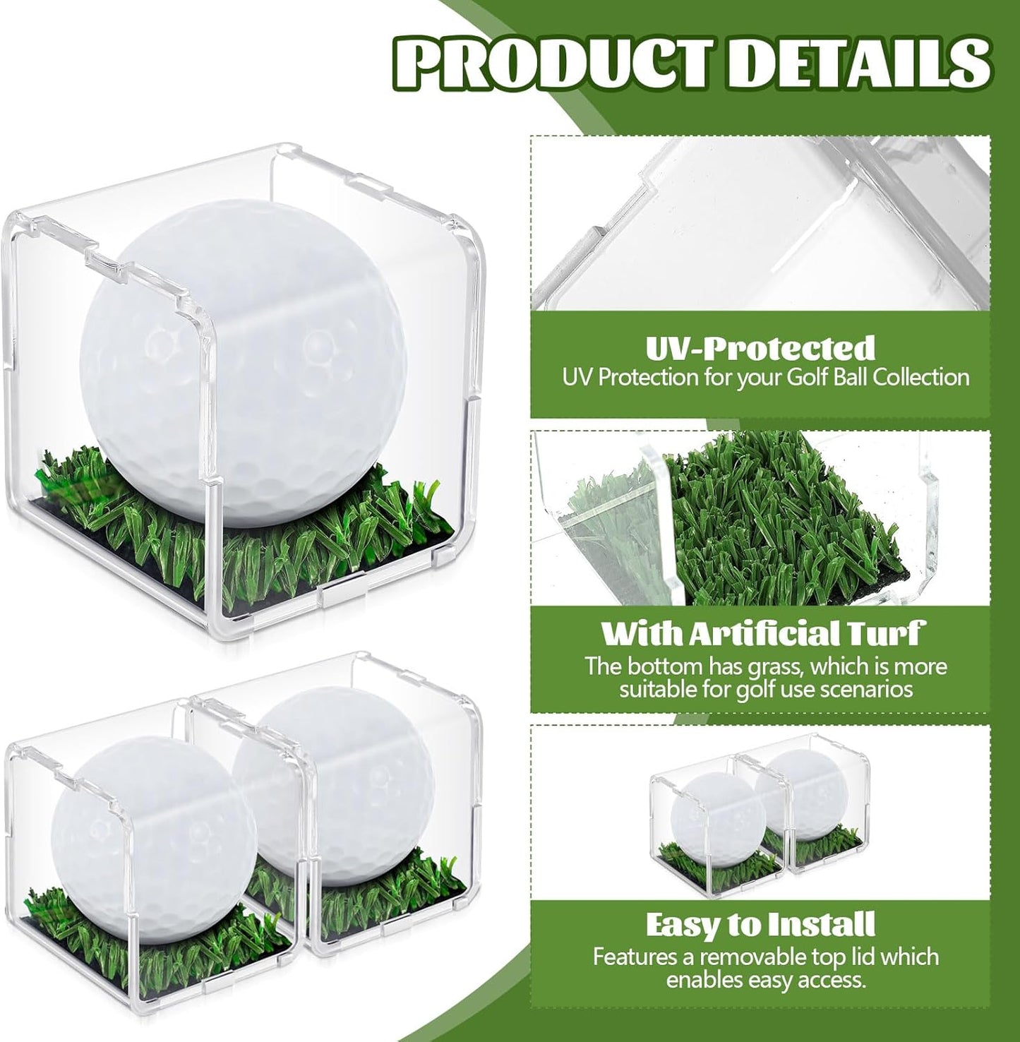 Tioncy 6 Pcs UV Protected Golf Ball Holder Display Case with Turf 2x2 x2 Inch Clear Acrylic Golf Ball Hole in one Stand Display Case Storage Box for Memorabilia Autograph Souvenir Collection