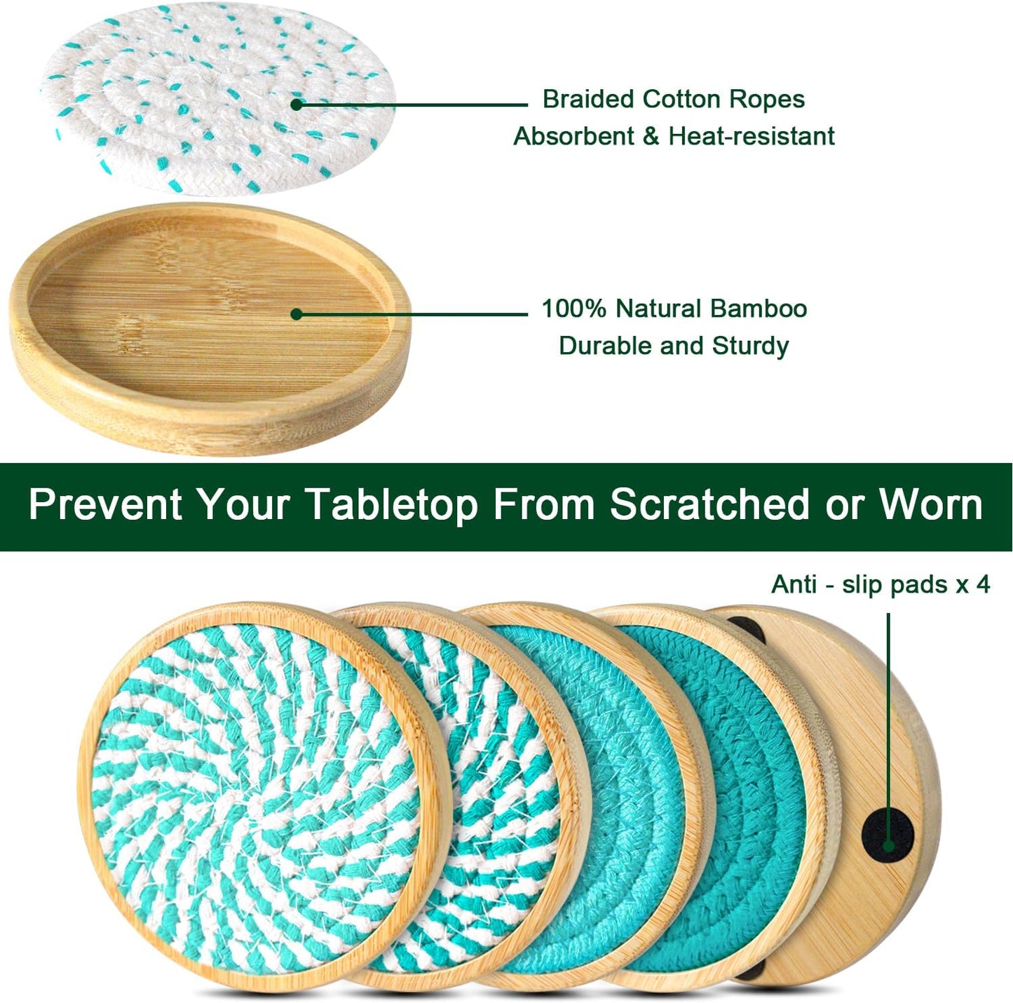 Bamboo Coasters for Drinks, Absorbent Coaster Sets of 5, Woven Drink Coasters for Coffee Table, Housewarming Gift for Farmhouse Home Decor,4 inches (Lake Blue Series)