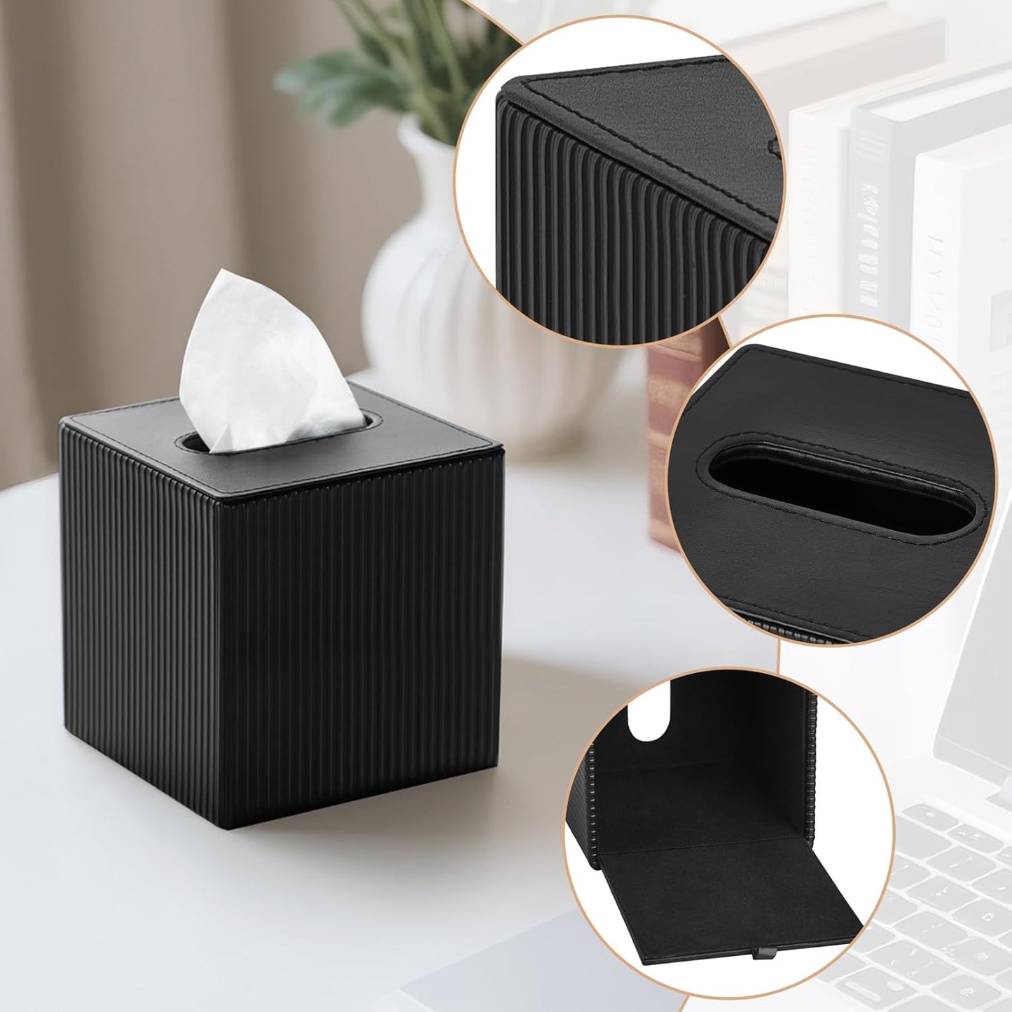 Mkono Tissue Box Cover PU Leather Square Tissue Box Holder with Bottom, Decorative Facial Cube Organizer for Bedroom Bathroom Dresser Vanity Countertop Night Stands Home Office Desk (Black)