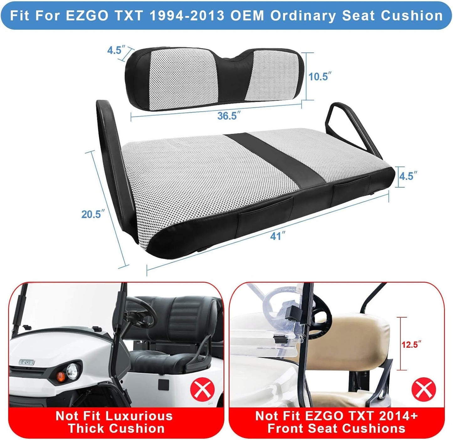 EZGO TXT Seat Cover, Golf Cart Front Seat Cover Fit for EZGO TXT 1994-2013 OEM Ordinary Seat Cushion, Breathable Polyester Mesh Cloth and Leather Combination Appearance, No Need Detaching Armrests