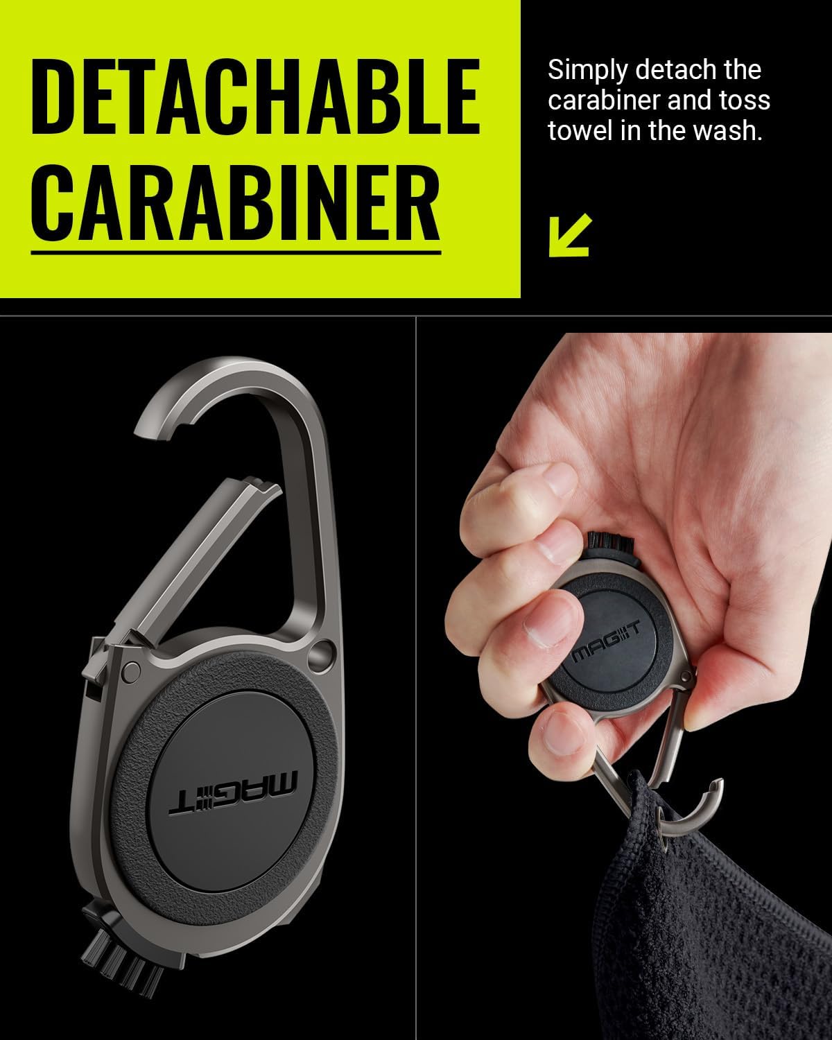 MAG-iT Magnetic Golf Towel with Carabiner | Strong Magnet, Ultra-Absorbent Microfiber, Groove Cleaner for Golf Bags - Black