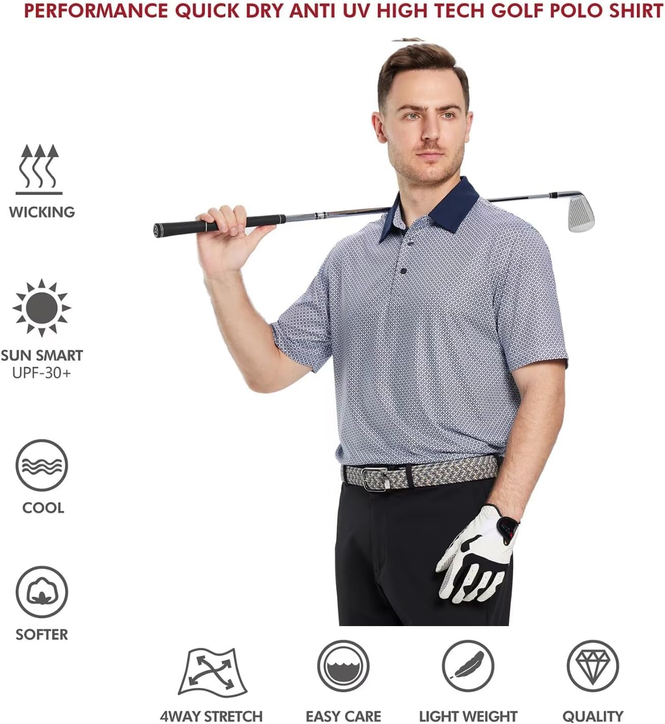 Golf Shirts for Men Dry Fit Short Sleeve Print Performance Moisture Wicking Polo Shirt
