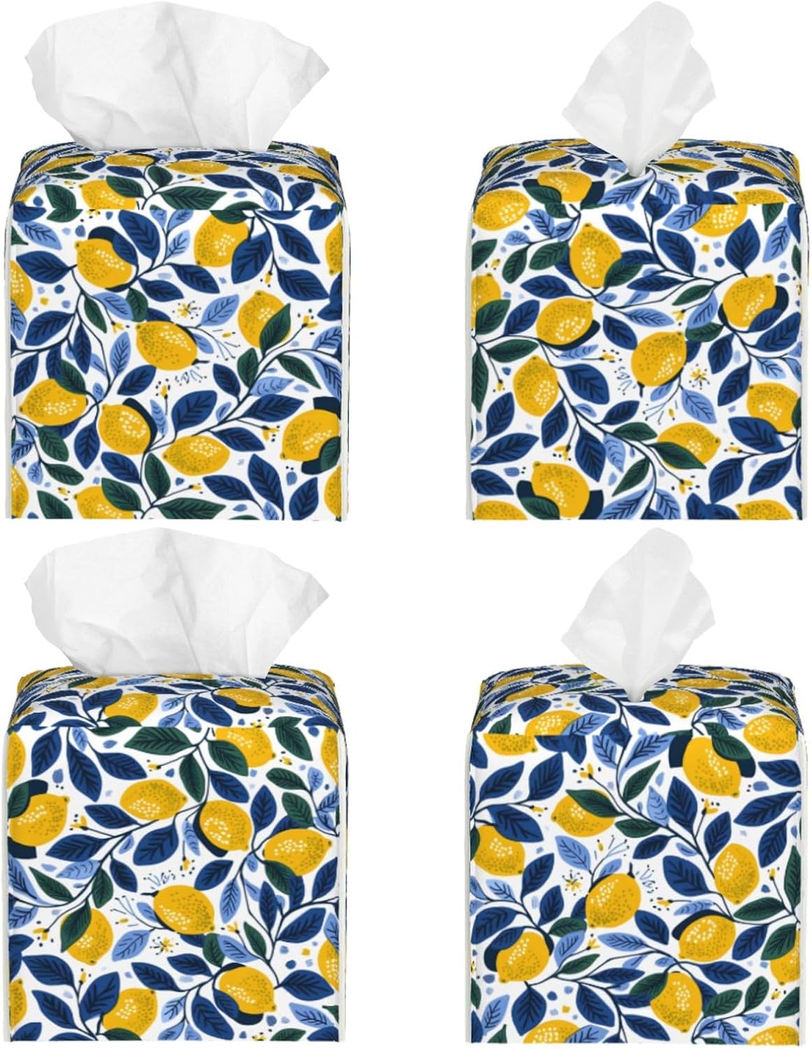 Tissue Box Cover Summer Lemon Leaves Square PU Leather Tissue Box Holder for Car Bathroom Bedroom Desk Tabletop Decor