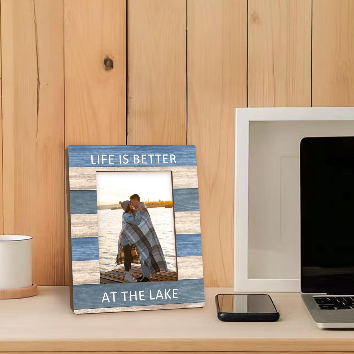 Lake House Decor Picture Frame 5x7, LakeHouse Gifts Photo Frame, Birthday Gifts for LakeLover Women Men, Life is Better at the Lake Wooden Picture Photo Frames for Desk Home Room Decor